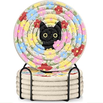 Zosutetoxo 6-Piece Coaster Set with Holder, Absorbent Cotton Glass Coasters, Heat Resistant Table Mat, Cute Cat Design, Soft Kitchen Cup Coasters, Great Gift Idea