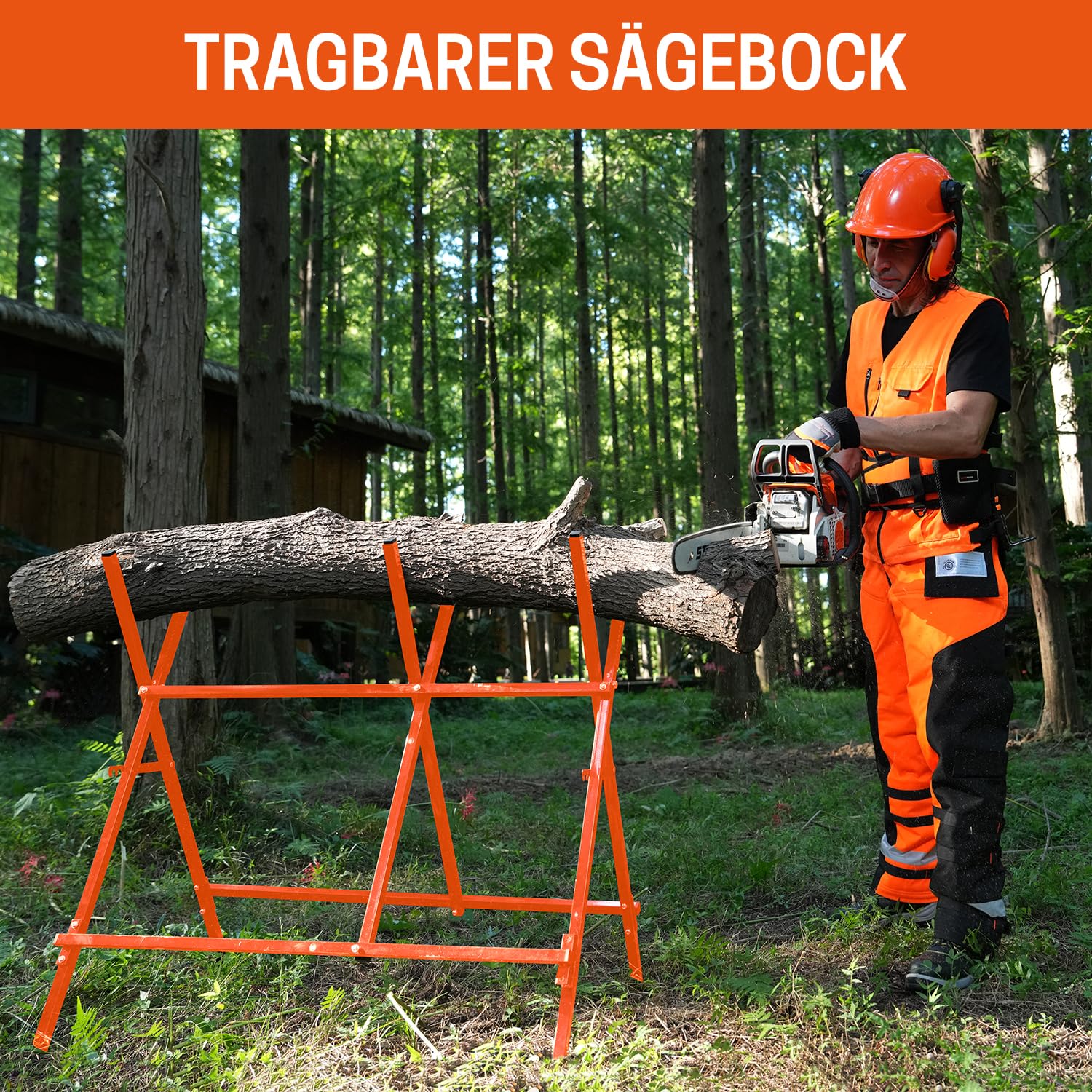 Sägebock,klappbar Holzsägebock für Kettensäge & Handsäge,Stahl Sägepferd Ständer, Holzsägearbeiten Schneiden von Blockholzständer,Tragfähigkeit 150KG