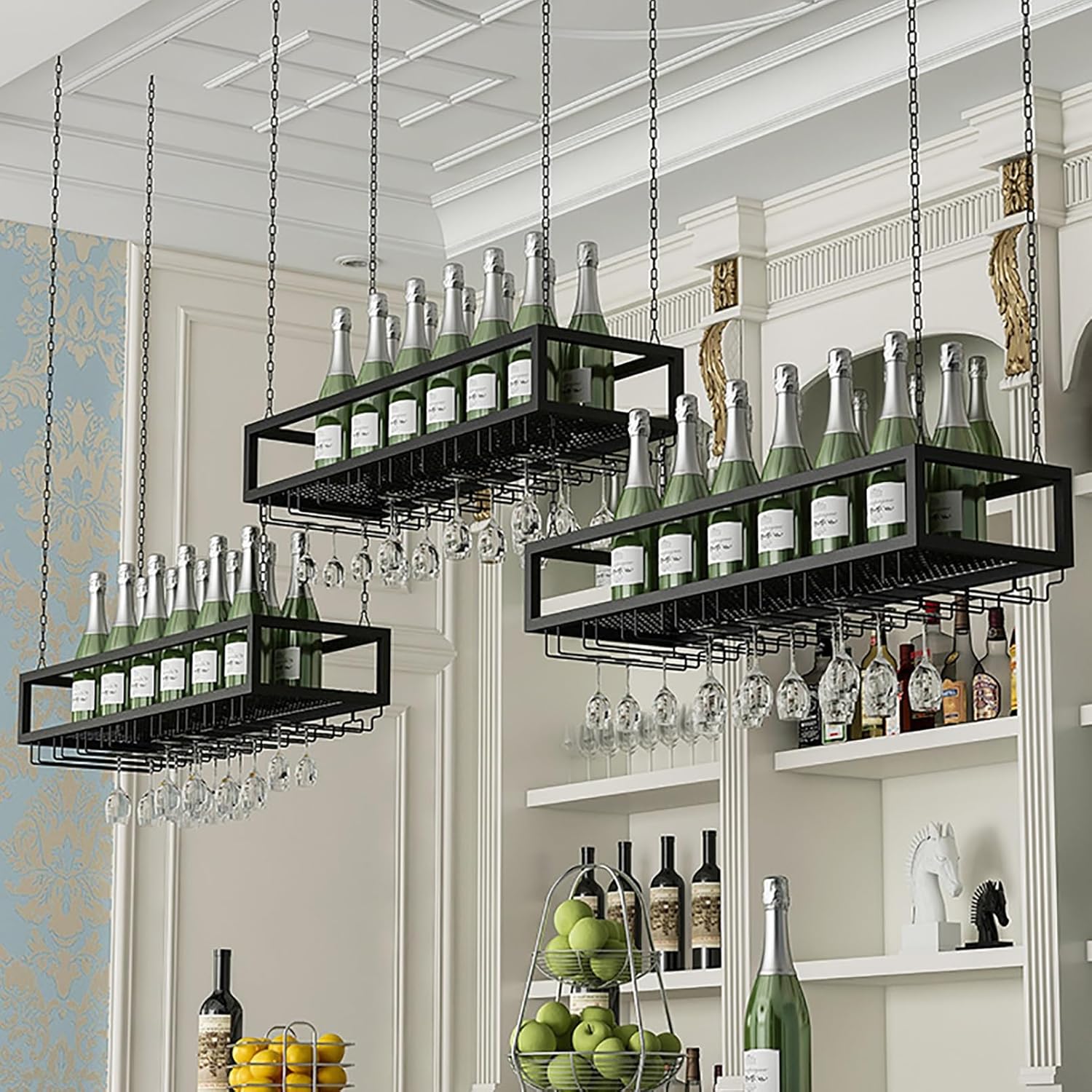 Vintage Style Metal Bar Hanging Wine Rack with Adjustable Height and Bottle Storage Metal Ceiling Wine Glass Holder and Home Cabinet nizer (Black 100CM)
