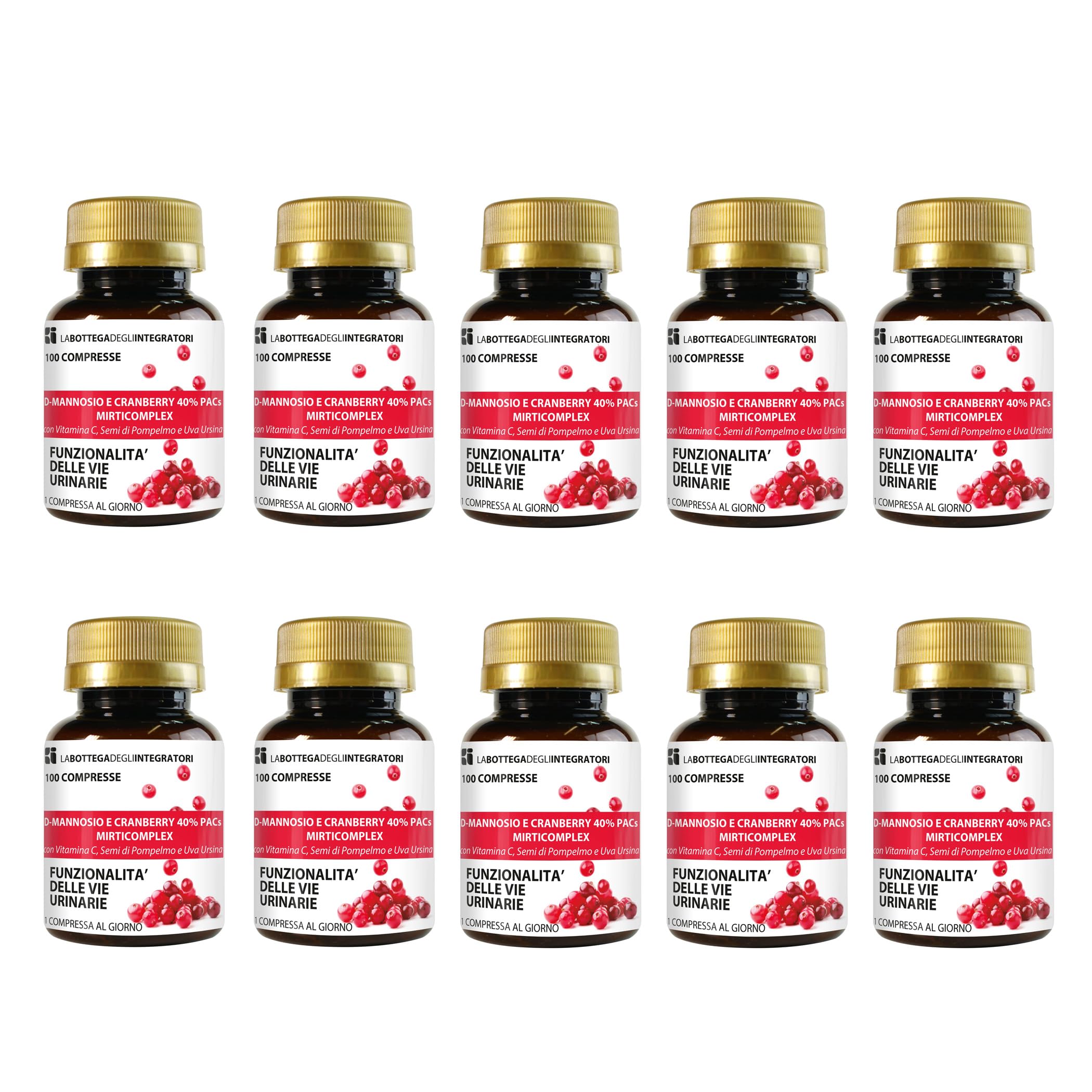 D - Mannosio e Cranberry 40% PAC Mirti Complex con Semi di Pompelmo, Uva Ursina e Vitamina C |1000 compresse 1 al dì | Mirtillo Rosso ad Alto Dosaggio