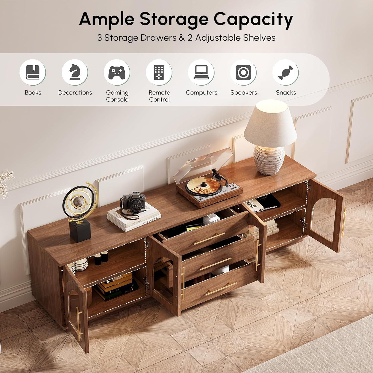 Image illustrating the ample storage capacity of the TV stand, showing books, decorations, gaming consoles, remote controls, computers, speakers, and snacks stored in drawers and cabinets.