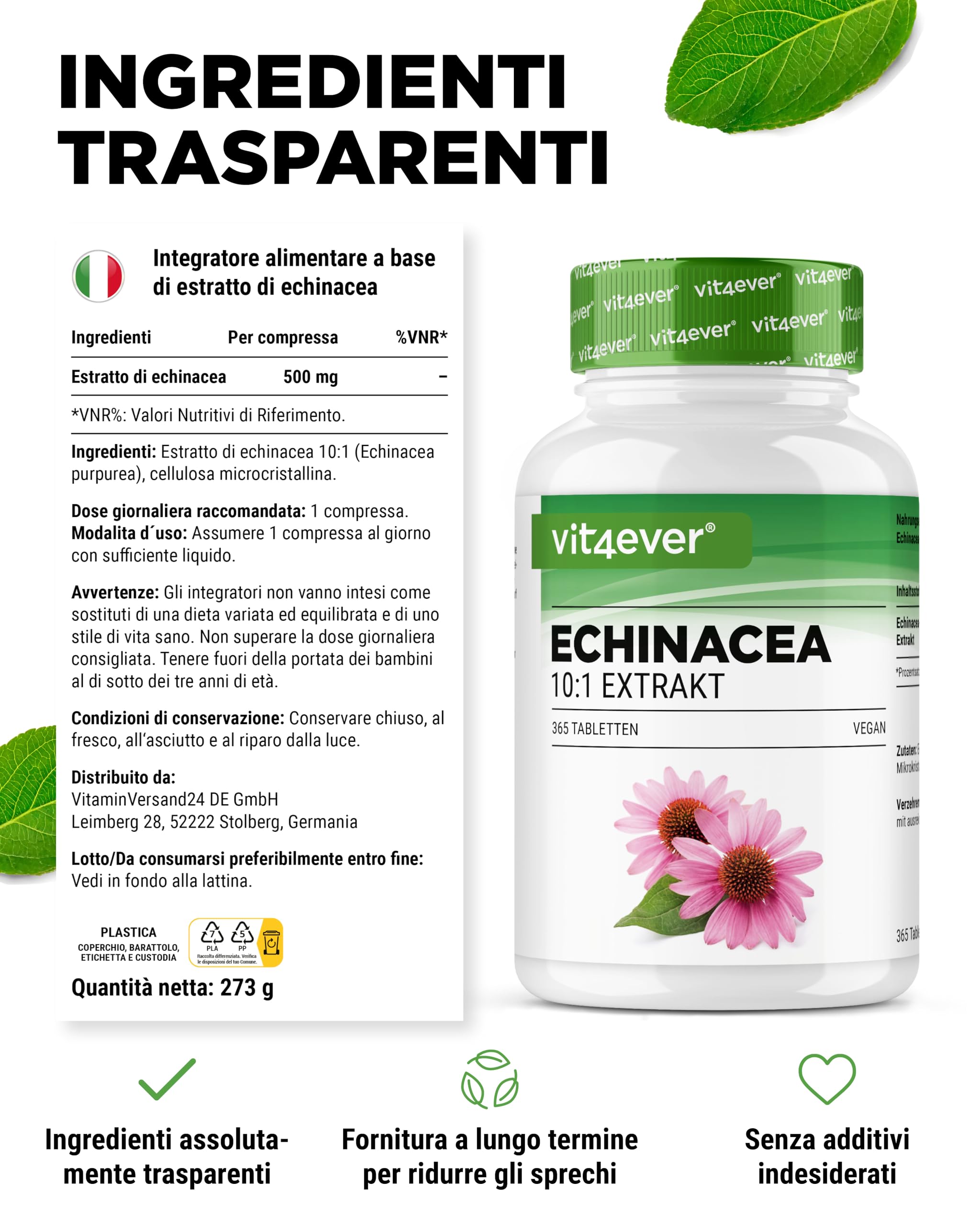 Echinacea 500 mg - 365 compresse vegane - Estratto naturale di echinacea 10:1 - Altamente dosato - Senza additivi indesiderati - Vegano