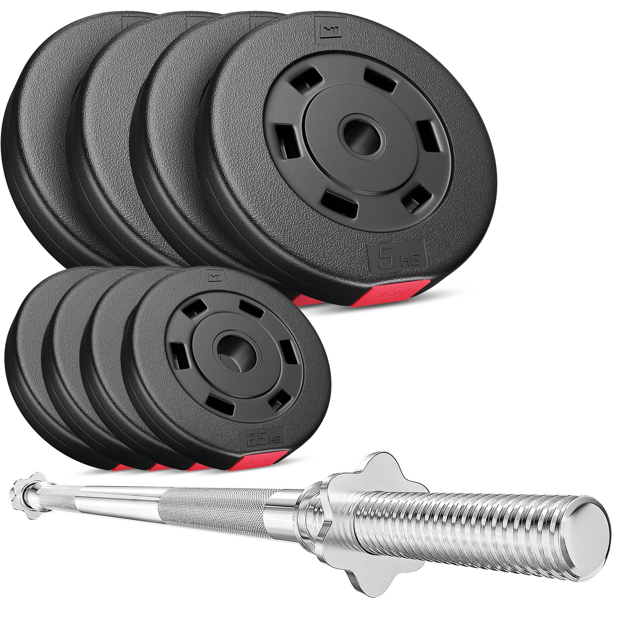 Hop-Sport Hantelset 37 kg | Langhantel 120 cm Ø 30 mm | Bitumen Hantelscheiben aus Kunststoff | Gewichtsscheiben 30 mm 4x5kg; 4x2,5kg | inkl. Sternverschlüsse | Krafttraining Zuhause & Home Gym