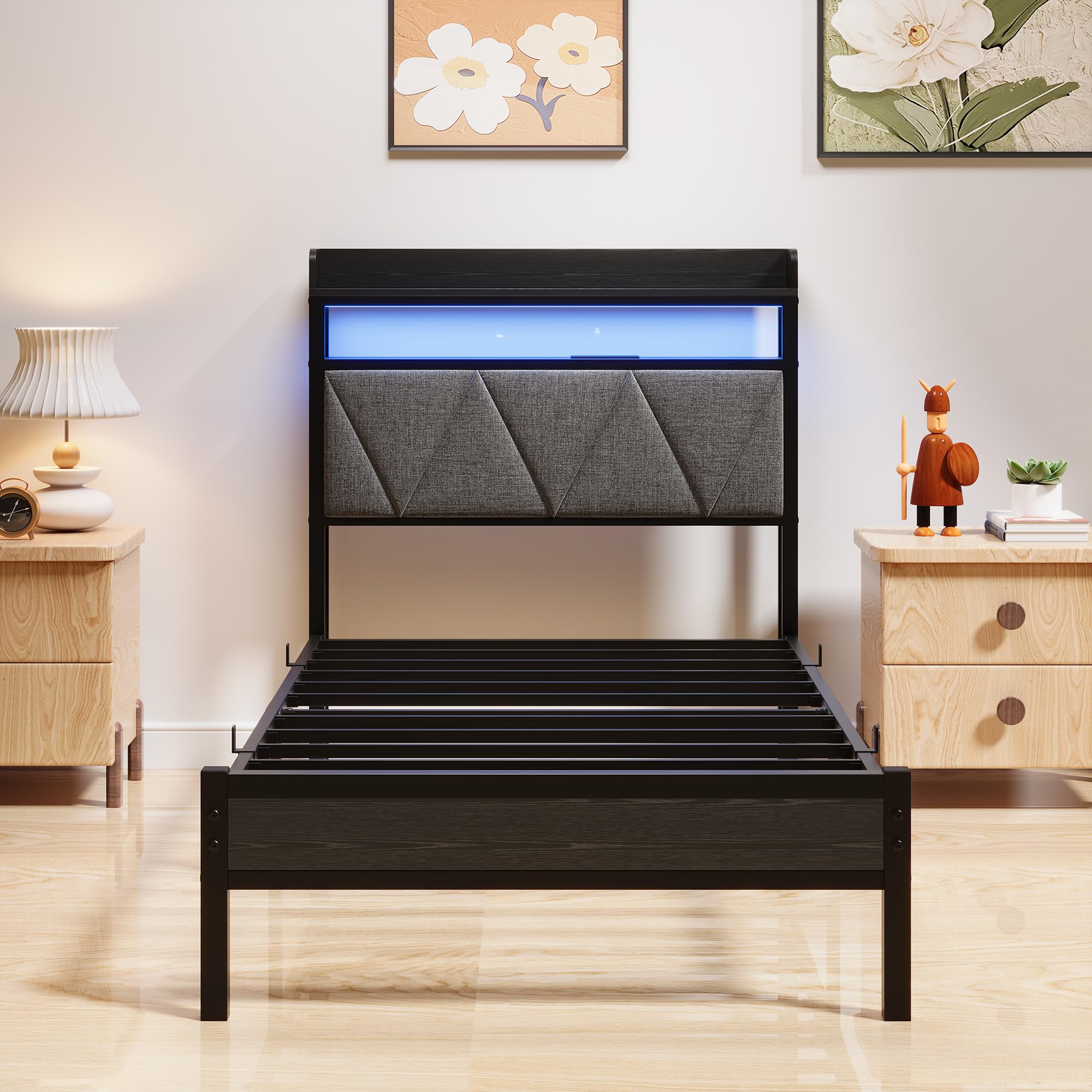 Estructura de cama de 90 x 200 cm con cabecero tapizado de madera con dos estantes, estación de carga, luces LED, estructura de cama metálica robusta, no se necesita somier tapizado