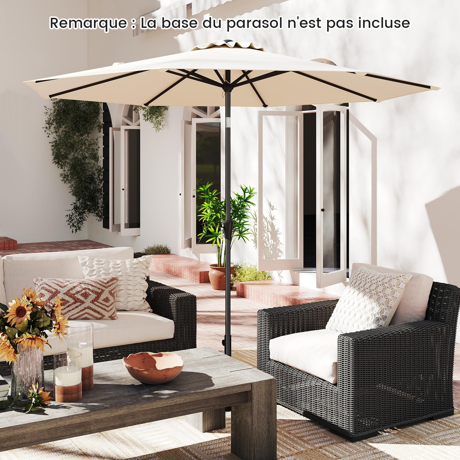 RELAX4LIFE Parasol Droit Inclinable 3M, Parasol de Jardin Extérieur 3M Rond, Inclinaison 25°, 8 Baleines, Manivelle, Polyester Résistant, Protection Solaire pour Balcon Terrasse (Beige)