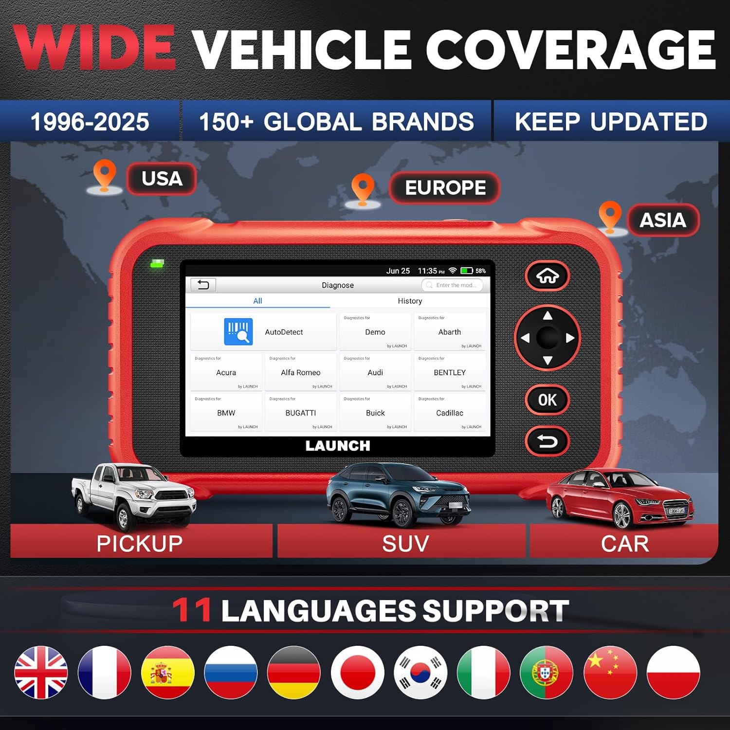 LAUNCH OBD2 Scanner CRP123I V2.0, 2026 Lifetime Update Scan Tool,Muilti System with 7 Resets Oil/SAS Calibration/Brake/BMS/D.P.F/ABS Bleeding/Throttle Reset, Auto Vin, Battery Test,FCA SGW