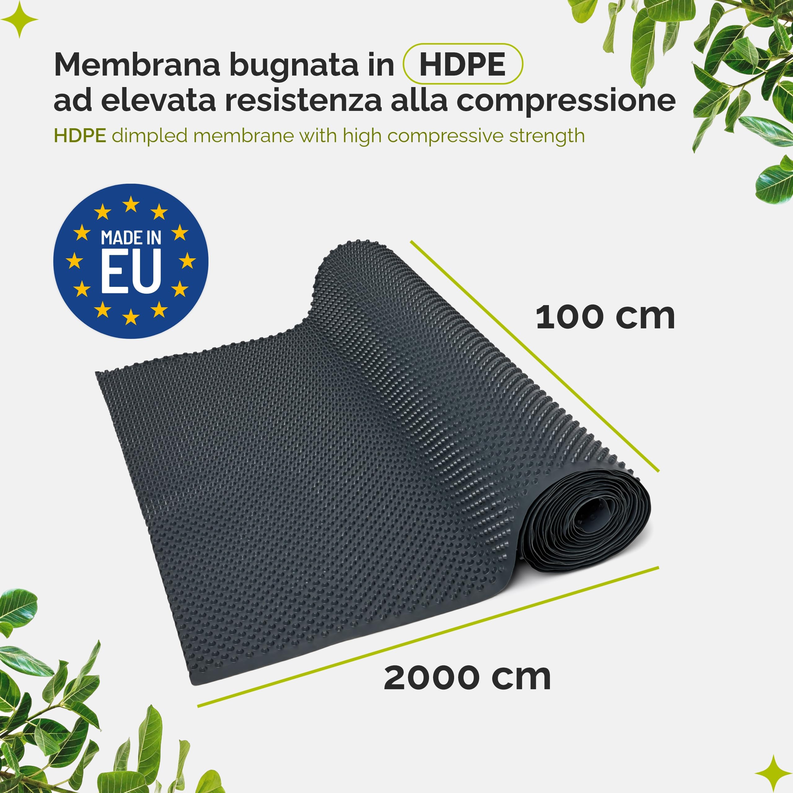 Garronda membrana bugnata in HDPE estruso per orto rialzato da esterno e cassoni per orto rialzato, rivestimento drenante adatto a fioriere da esterno grandi, rotolo bugnato 1 x 20 m GD-0160