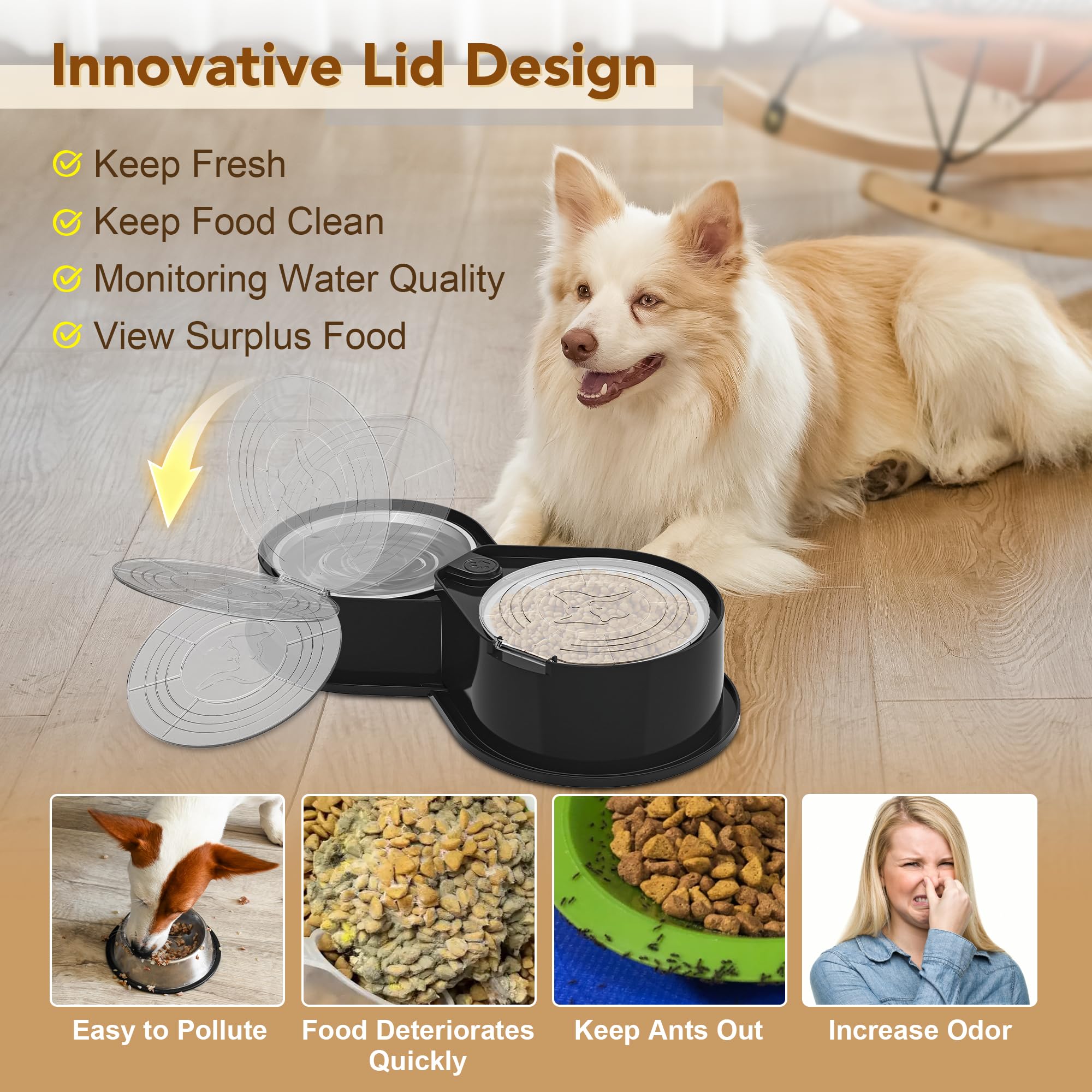 Newget Juego de Cuencos de Acero Inoxidable con Tapas, Cuencos Dobles de Metal 304 para Alimentos y Agua para Perros y Gatos, comedero para Mascotas de Gran Capacidad con Cubierta Que Mantiene la