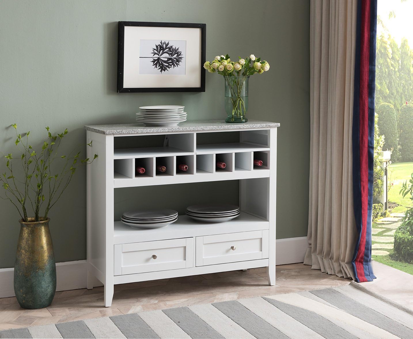Kings Brand Furniture White With Marble Finish Buffet Display Console Table With Wine Storage