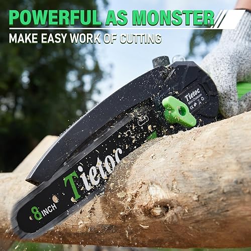 Miniatura 6 de Tietoc Mini motosierra inalámbrica de 8 pulgadas con 2 baterías de 4000 mAh, motosierra alimentada por batería con engrasador, sierra de mano ligera
