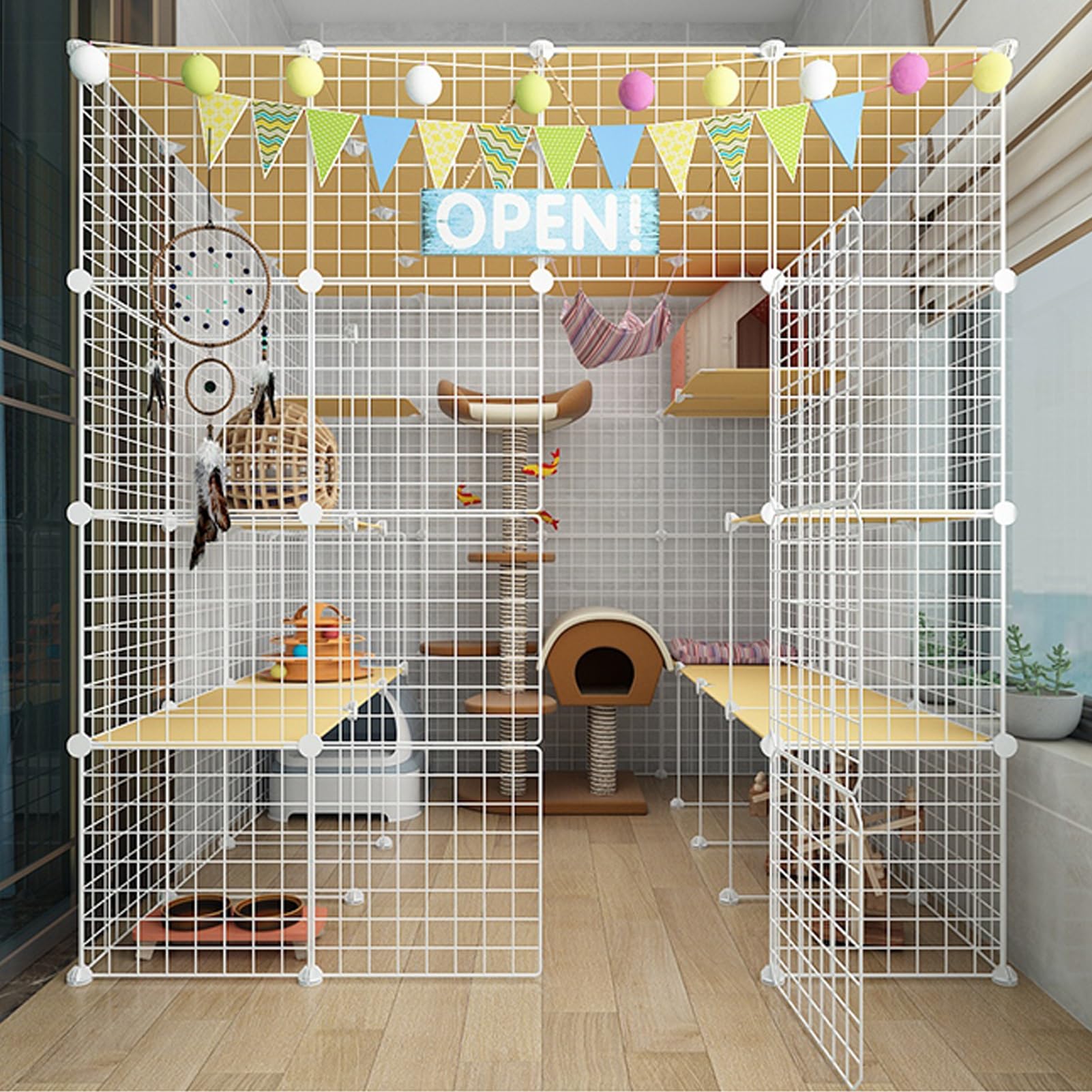 Parc à chat spacieux pour sécuriser et amuser votre félin en appartement avec 3 niveaux