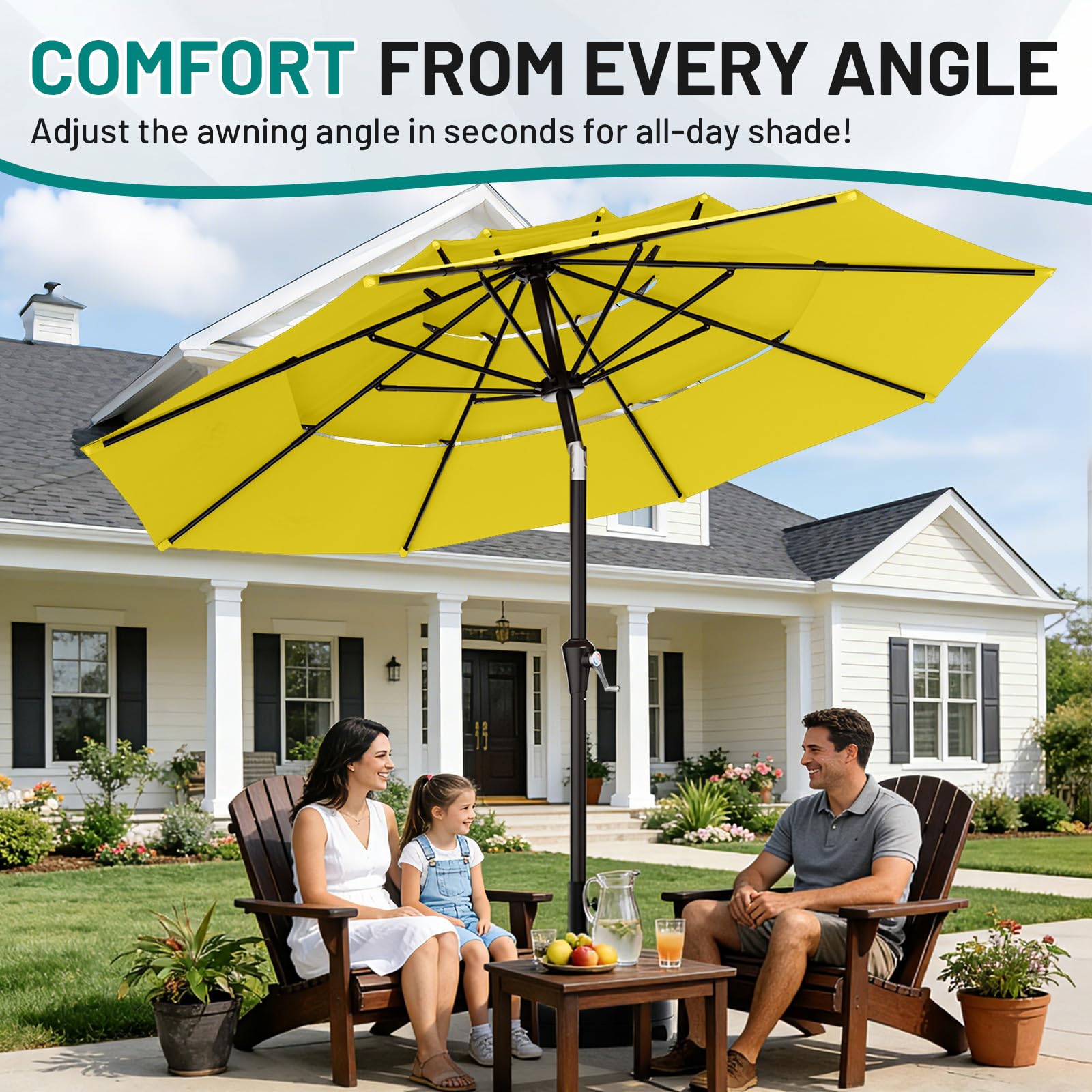 AreShark 9ft 3-Tier Patio Umbrellas, Outdoor Umbrella with 8 Sturdy Ribs UV Protection Windproof, Market Table Umbrella w/Push Button Tilt & Crank for Pool, Porch, Deck, Garden(Yellow) : Patio, Lawn