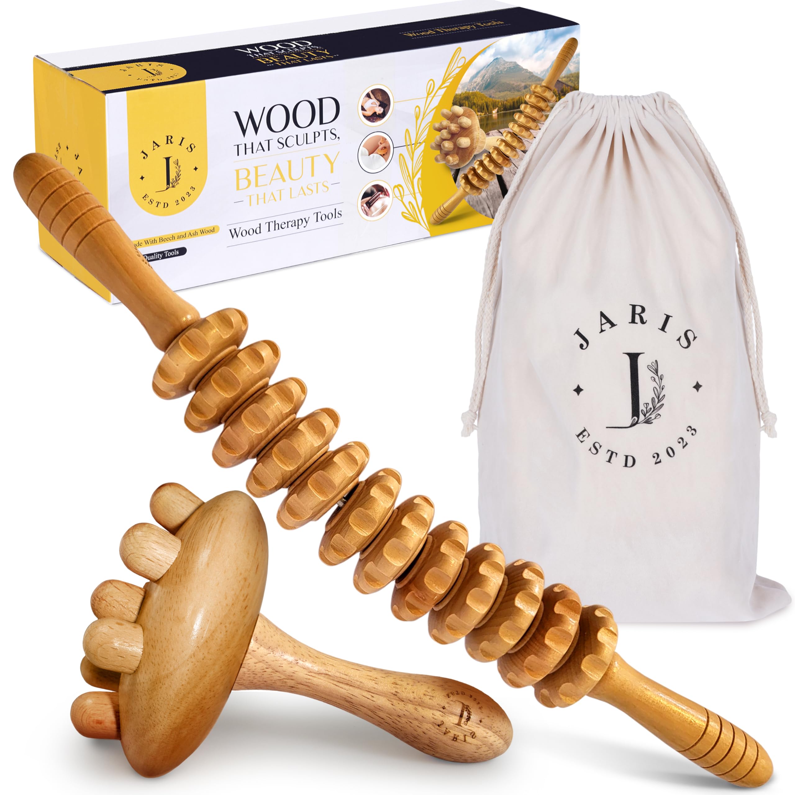 Kit Maderothérapie Ventre Plat – Anti-Cellulite pour Maison – Drainage Lymphatique & Massage Raffermissant – Rouleau Bois + Champignon – Améliore la Circulation – Guide en Ligne (QR Code)