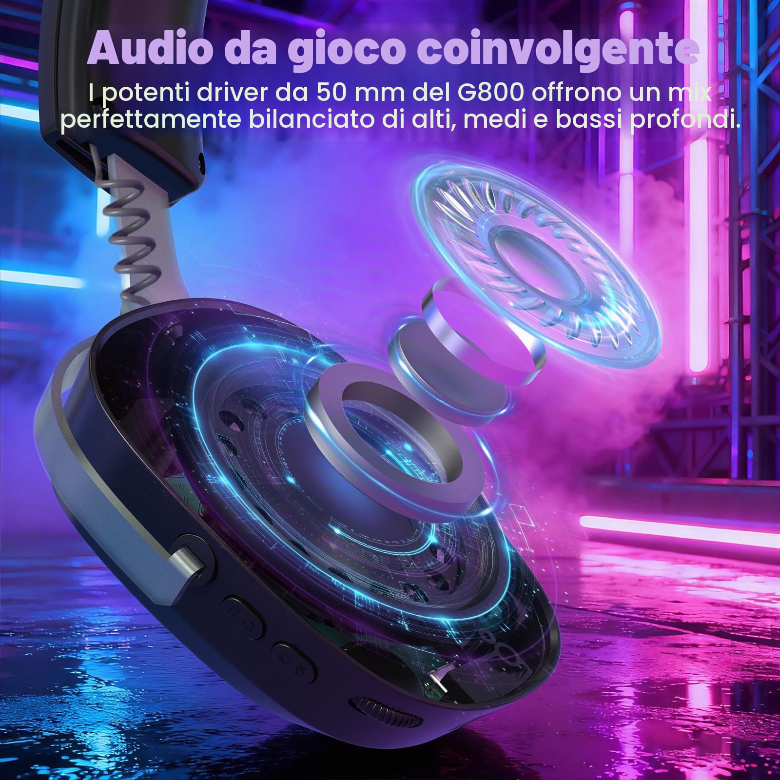 ATTACK SHARK G800 Cuffie Gaming Wireless, Batteria 1000 mAh, Microfono Rimovibile, Telaio in Alluminio, Audio Surround 3D, Latenza 20 ms, Driver 50 mm, 3 Modalità 2.4G/Bluetooth/Cablata