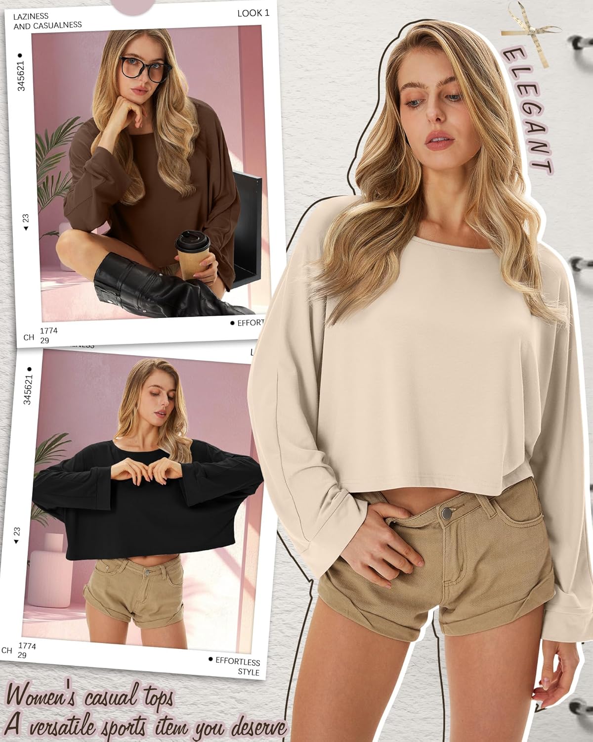 3 Pack Women's Long Sleeve Crop Shirts Loose Fit Cropped Oversized Tees Crew Neck Casual Pullover Tops - Image 5