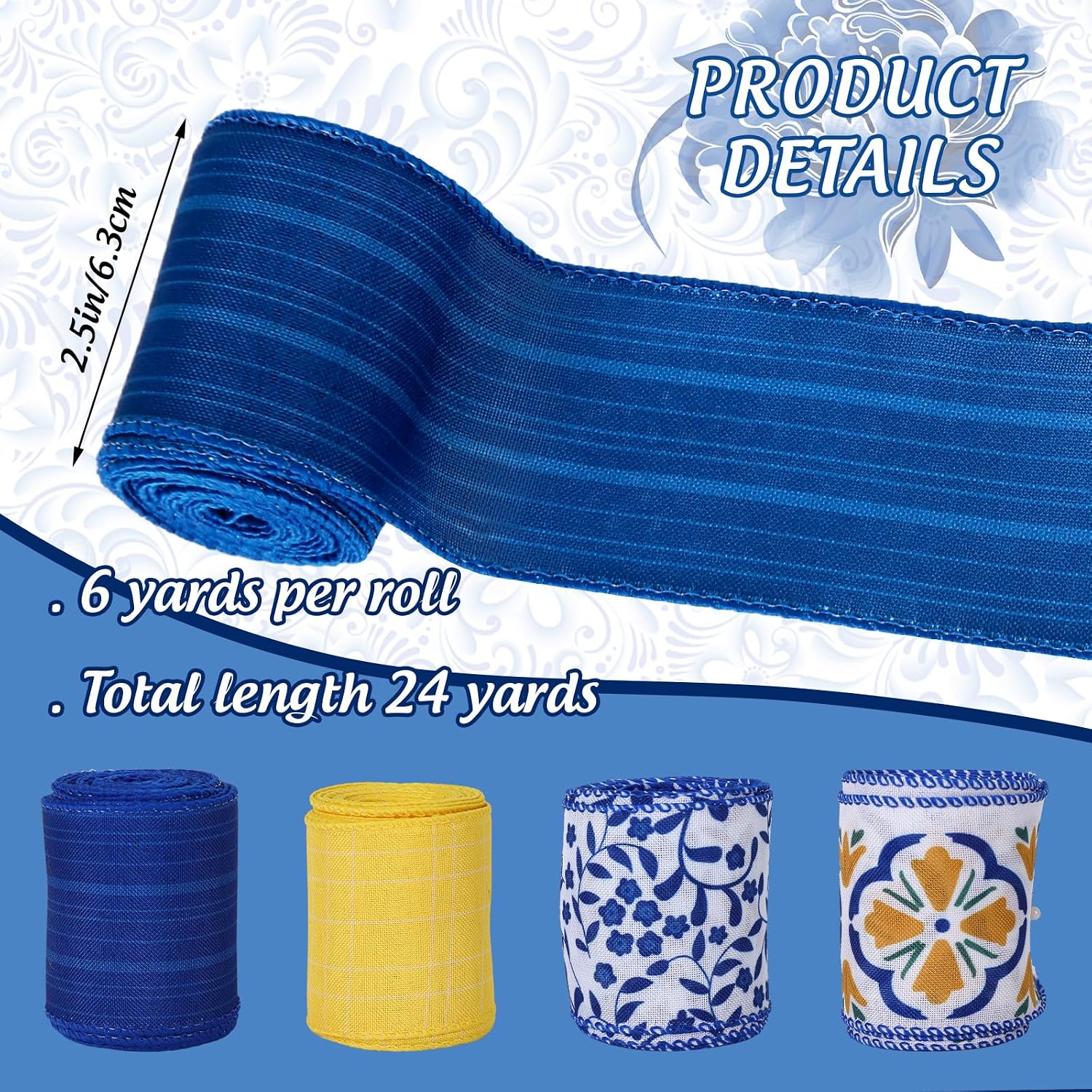 JarThenaAMCS Boho Wired Edge Ribbon Blue Yellow Stripe Plaid Floral Leaves Fabric Craft Ribbon for Wedding Birthday Bridal Shower Wreath Bow Making, 4 Rolls, 24 Yards