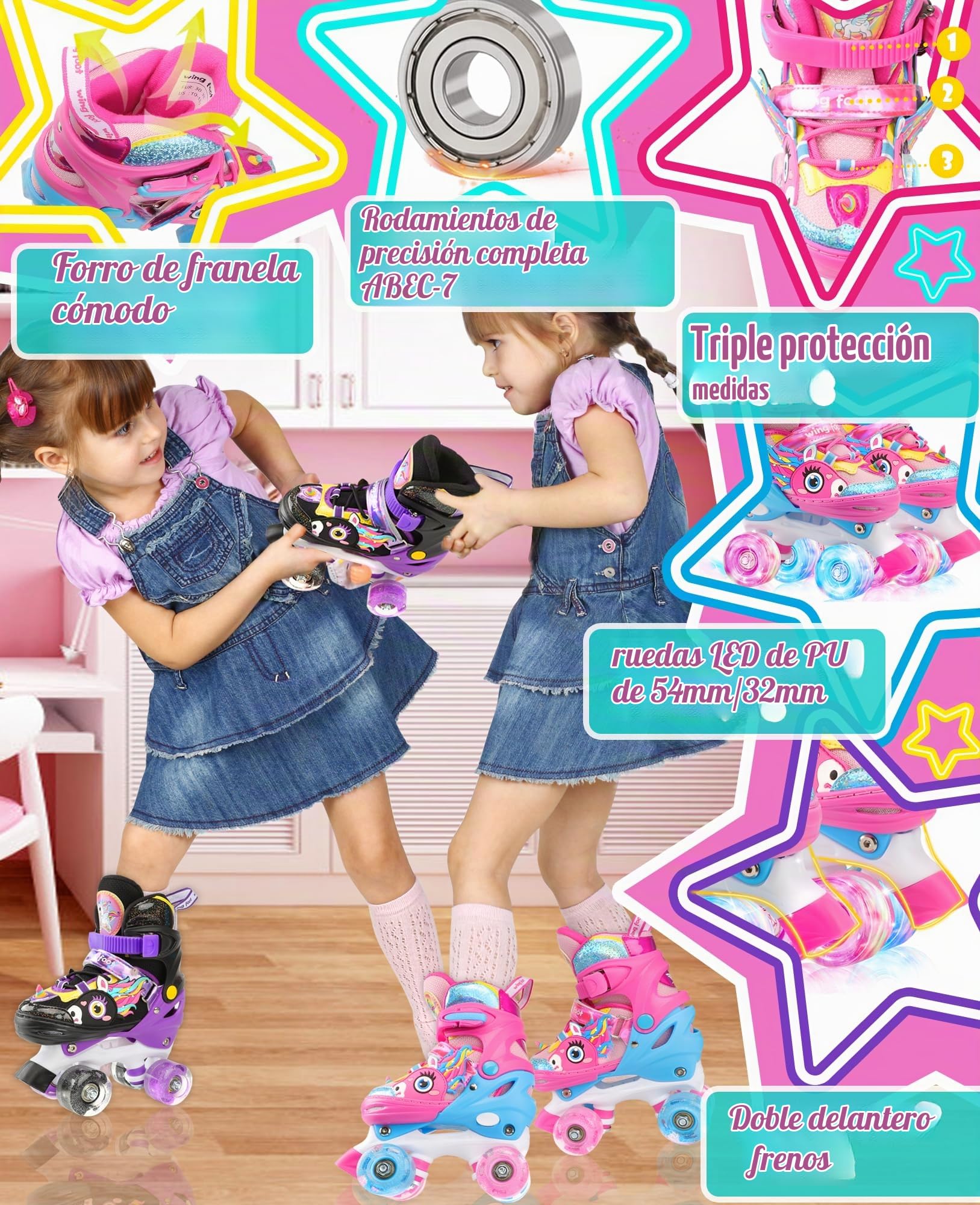 Unicornio Patines para Niñas Patines 4 Ruedas Ajustables para Niñas Niños Principiantes Cumpleaños
