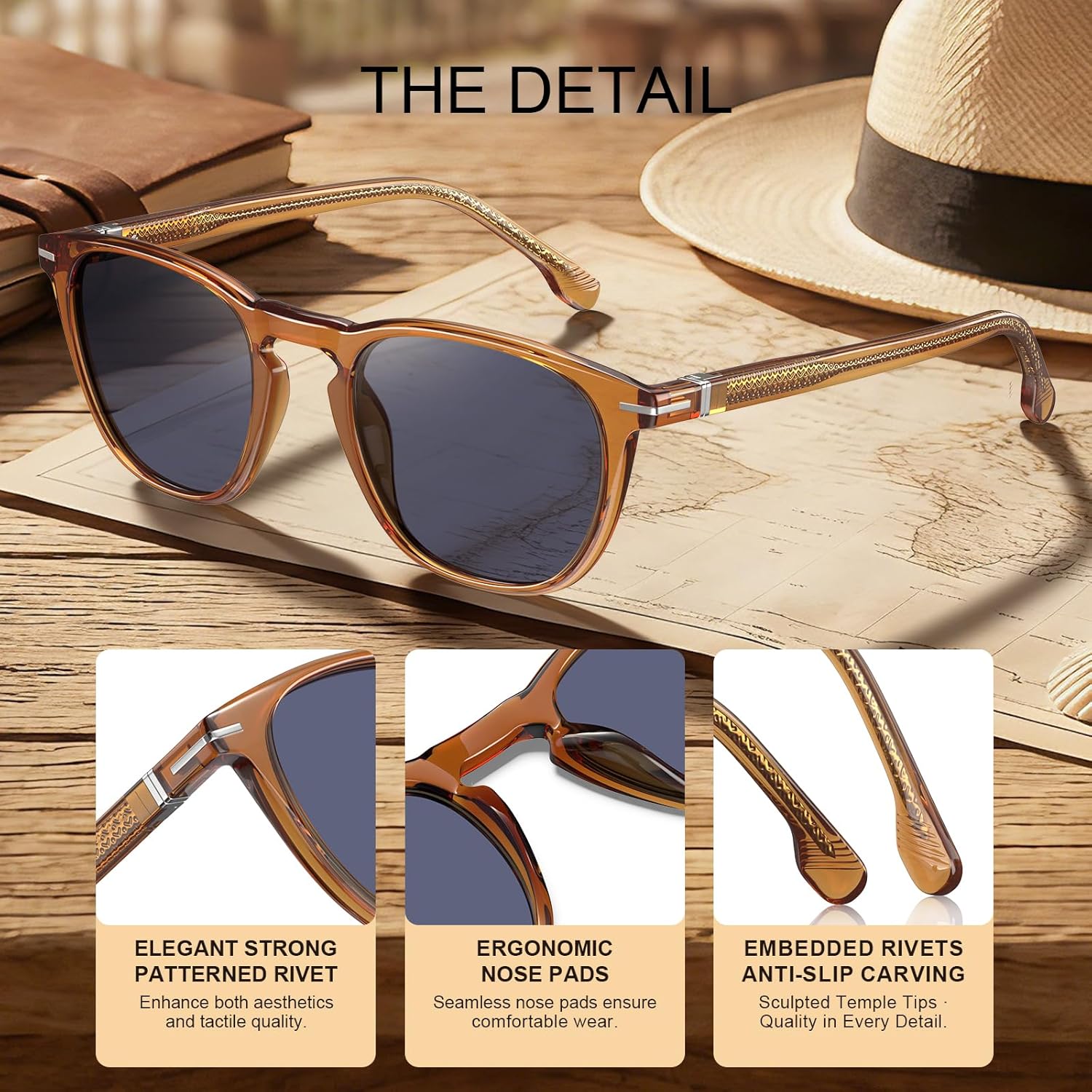 CARFIA Classic Retro Polarized Sunglasses for Men Anti-slip Temple Tail Elegant Gift-Ready Case CA31237