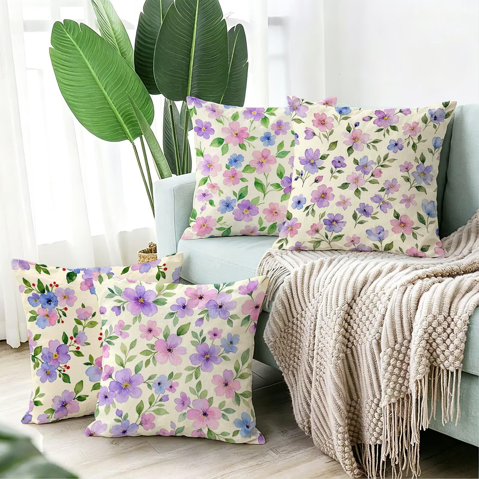 Viola Federe Cuscini Divano 40x40cm, Cuscini da Esterno Set de 4, Cod-144 | Lin Copricuscini Decorativi Letto Arredo, per Letto, Soggiorno, Giardino, Esterno, Casa Decorazione Set di 4 Fiore