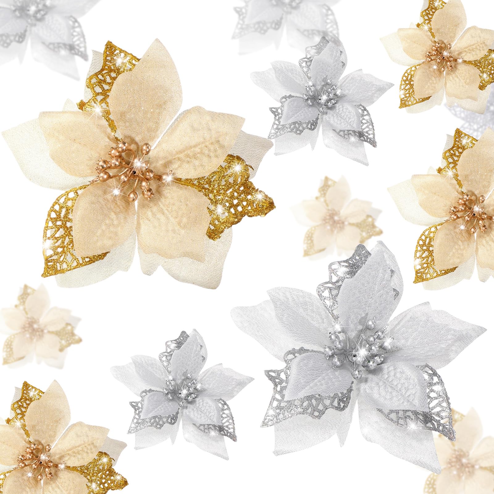 Willbond Gold, Silver 36 Pieces Christmas Poinsettia Glitter Faux Flowers Christmas Artificial Flowers Tree Ornaments Topper Xmas Decorations (Gold, Silver)