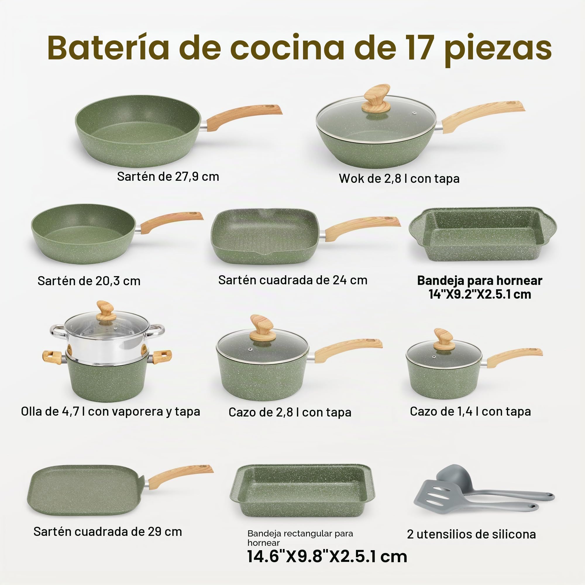 Kitchen Academy Juego de Sartenes Antiadherentes 17 Piezas, Juego de Ollas y Sartenes Induccion Aluminio Revestimiento Antiadherente, Juego Sartenes Inducción Cocinas de Gas (17 Piezas, Verde)
