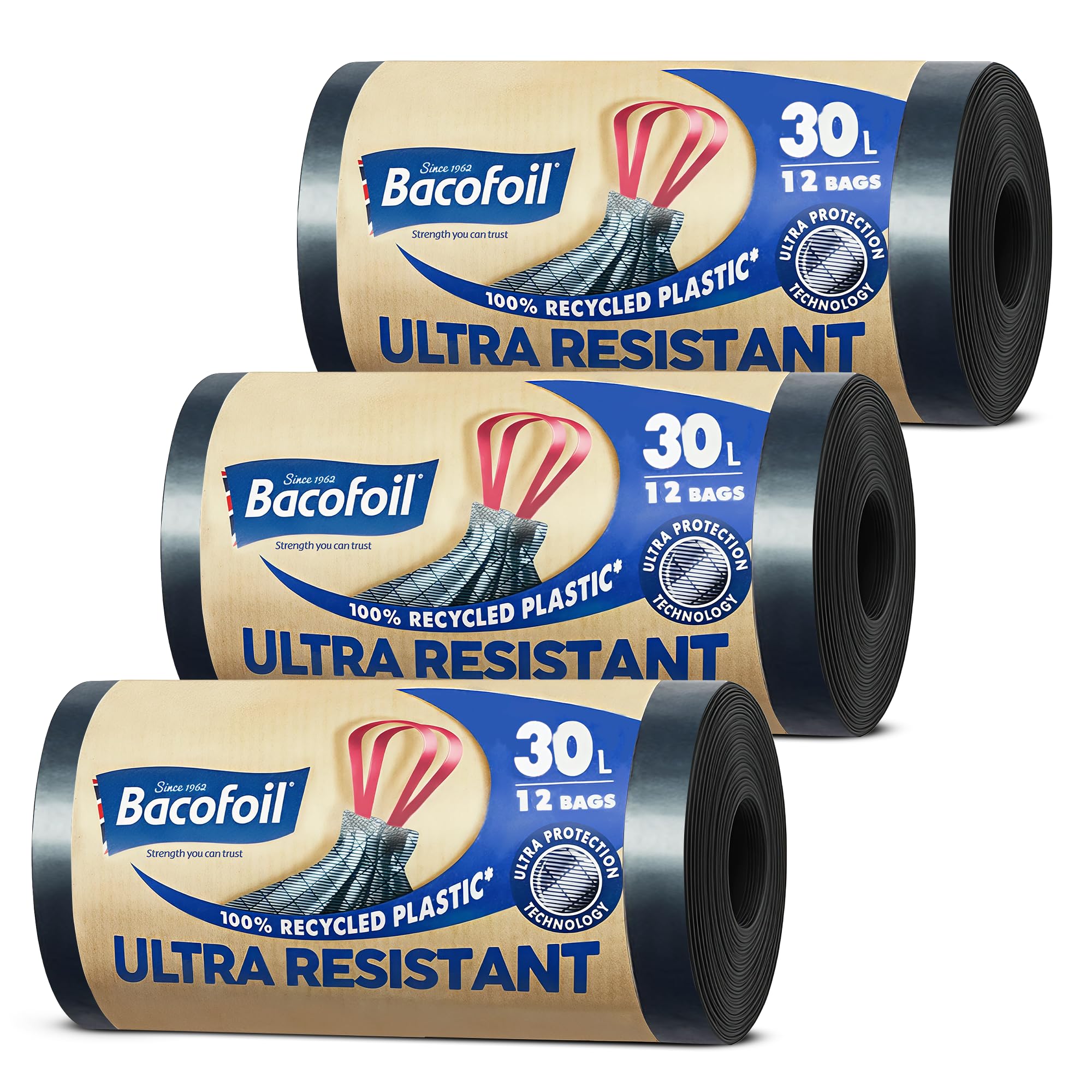 Bacofoil Ultra Resistant Bin Liners with Drawstring Handles 30L - Leak-Proof and Tear Resistant Bin Bag with Ultra Protection Technology (3 Rolls, 36 Bags)…