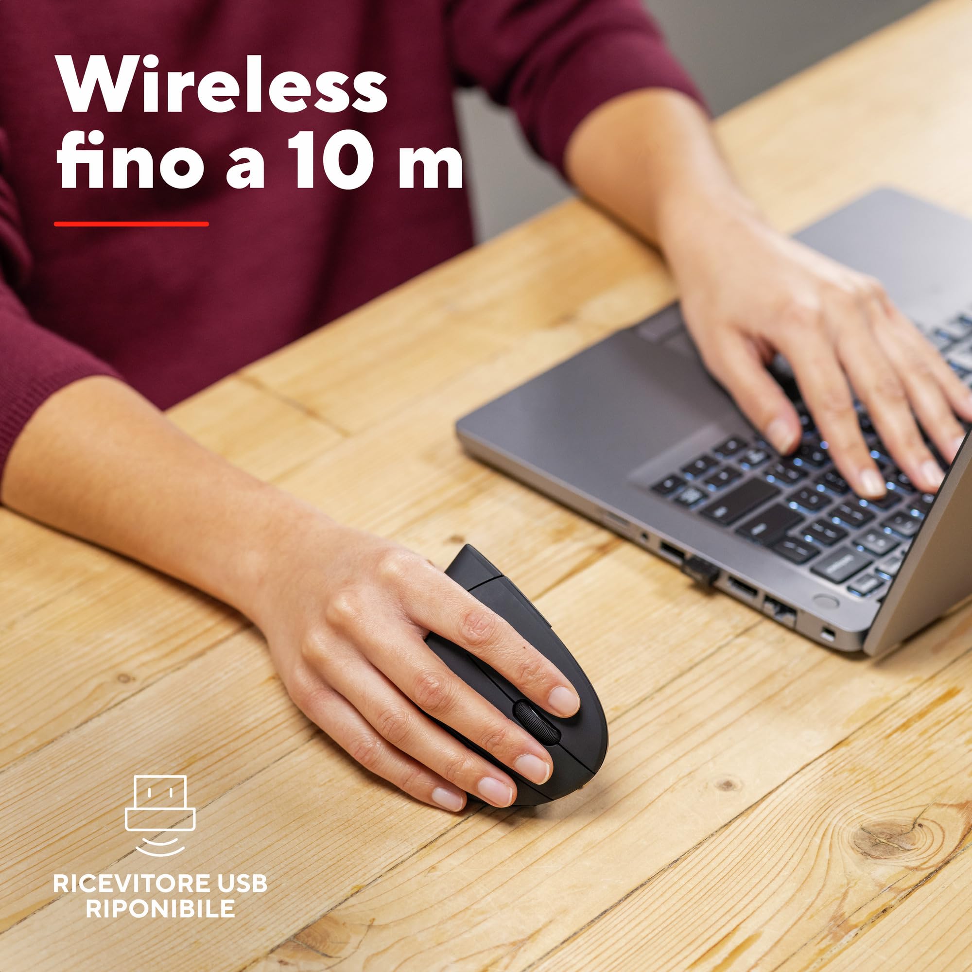 Trust Verto Mouse Verticale Wireless, Ergonomico senza Filo, 800/1200/1600 DPI, Microricevitore USB, 2.4GHz, 6 Pulsanti per PC, Computer, Portatile, Mac - Nero