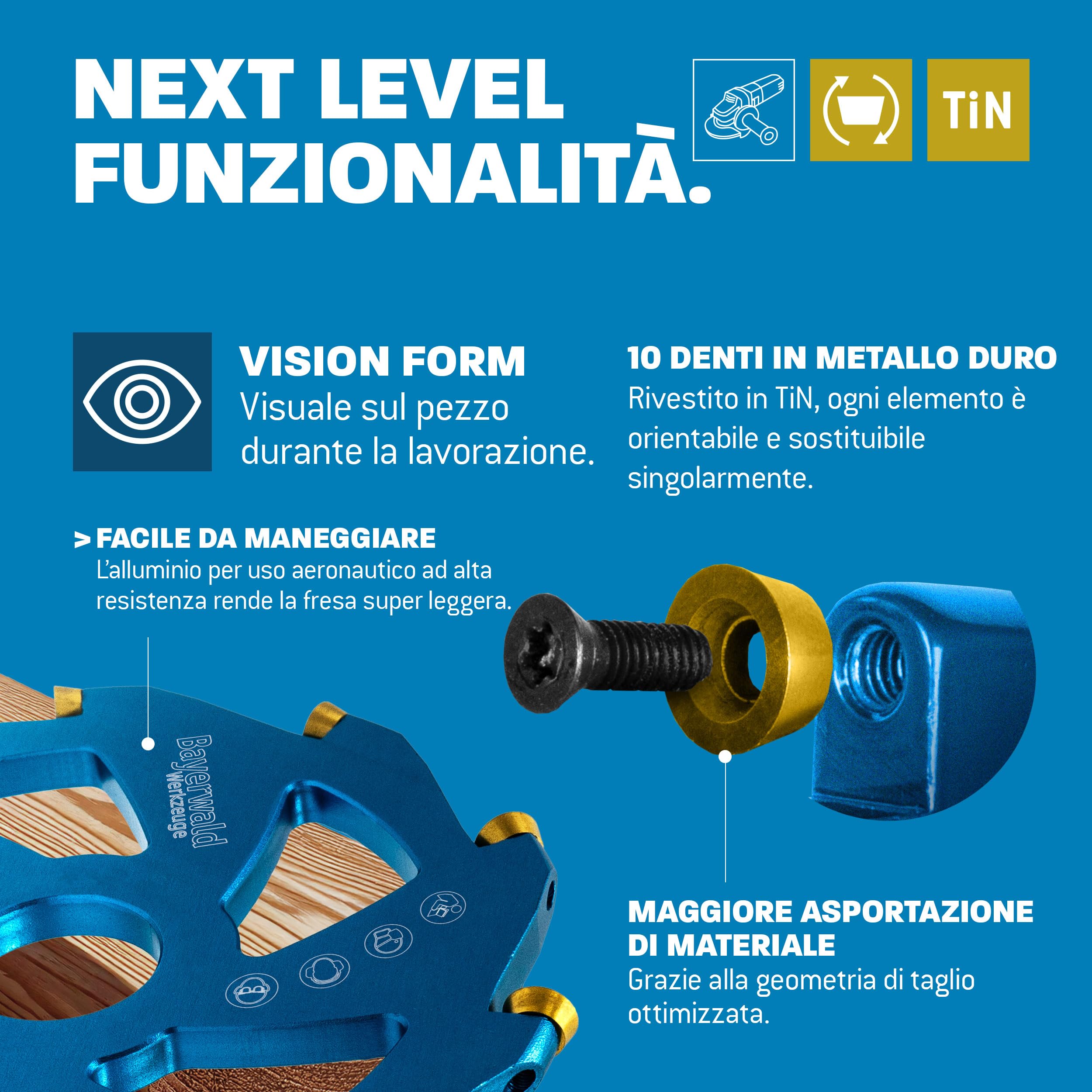 Bayerwald NeoCarver 10 Vision V2 - Disco per fresa in metallo duro per legno, fresa da intaglio in alluminio per smerigliatrice angolare per separare, levigare, sgrossare, ecc. Ø 115 mm x 22,2 mm/10