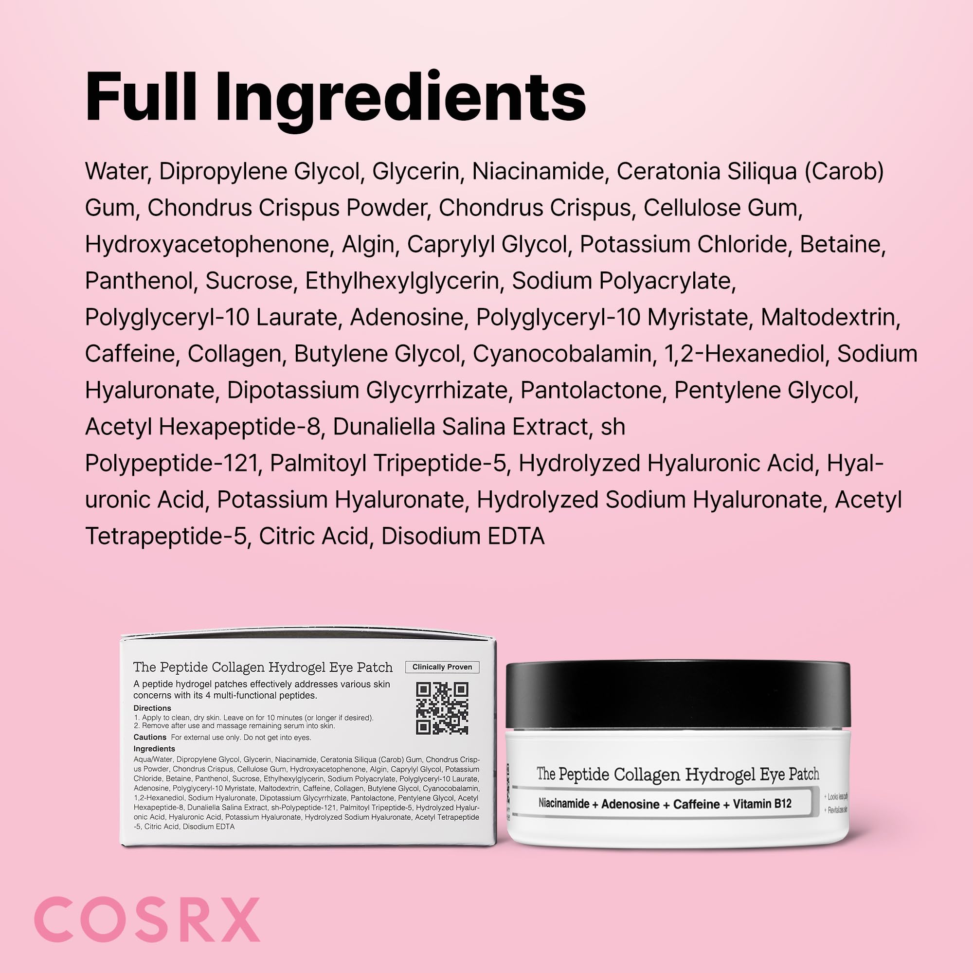 COSRX Peptide Collagen Hydrogel Eye Patch, 60 Patches, Patch Contorno Occhi per Borse e Occhiaie con Caffeina, Korean Skincare