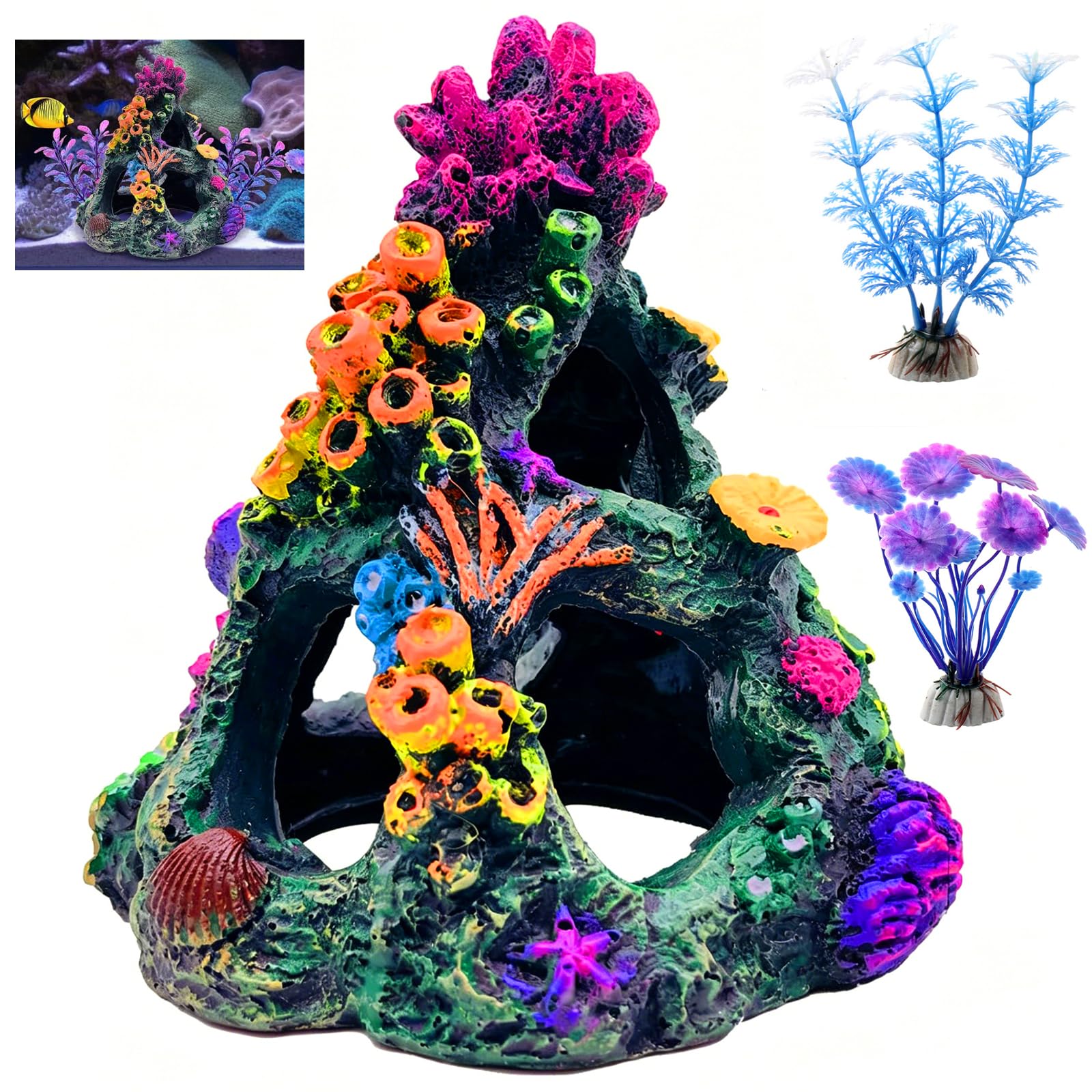 DOJASOHILMI Fish Tank Decorations, Coral Reef Aquarium Decor Ornaments with 2 Plastic Plants, Colourful Resin Cave Hideout Accessories