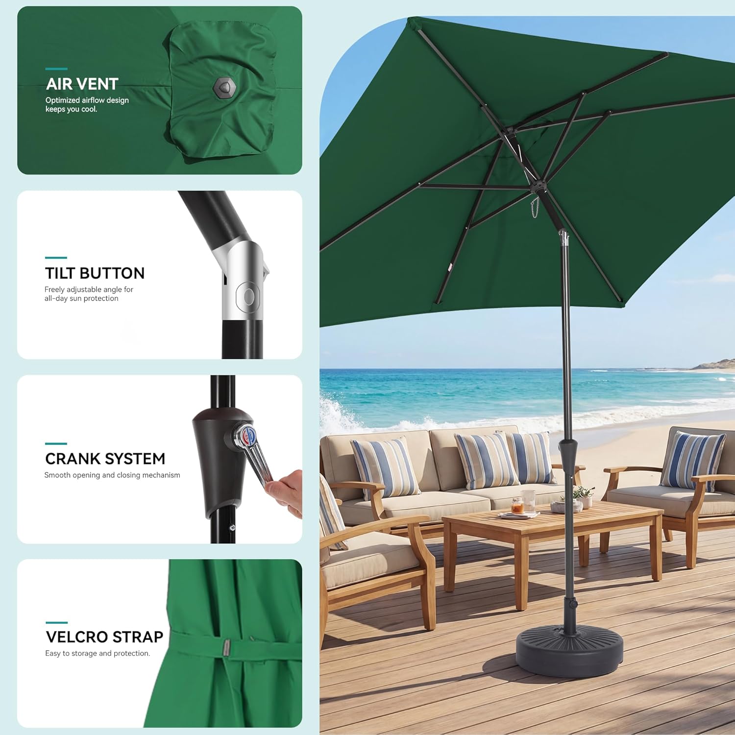 HASLE OUTFITTERS Rectangular Patio Umbrella, 6.5 x 10 ft Rectangle Table Umbrellas w/Heavy Duty Ribs, Effortless Crank and Push Button Tilt, Wind Resistant Sun Umbrella for Outdoor Patio, Dark Green