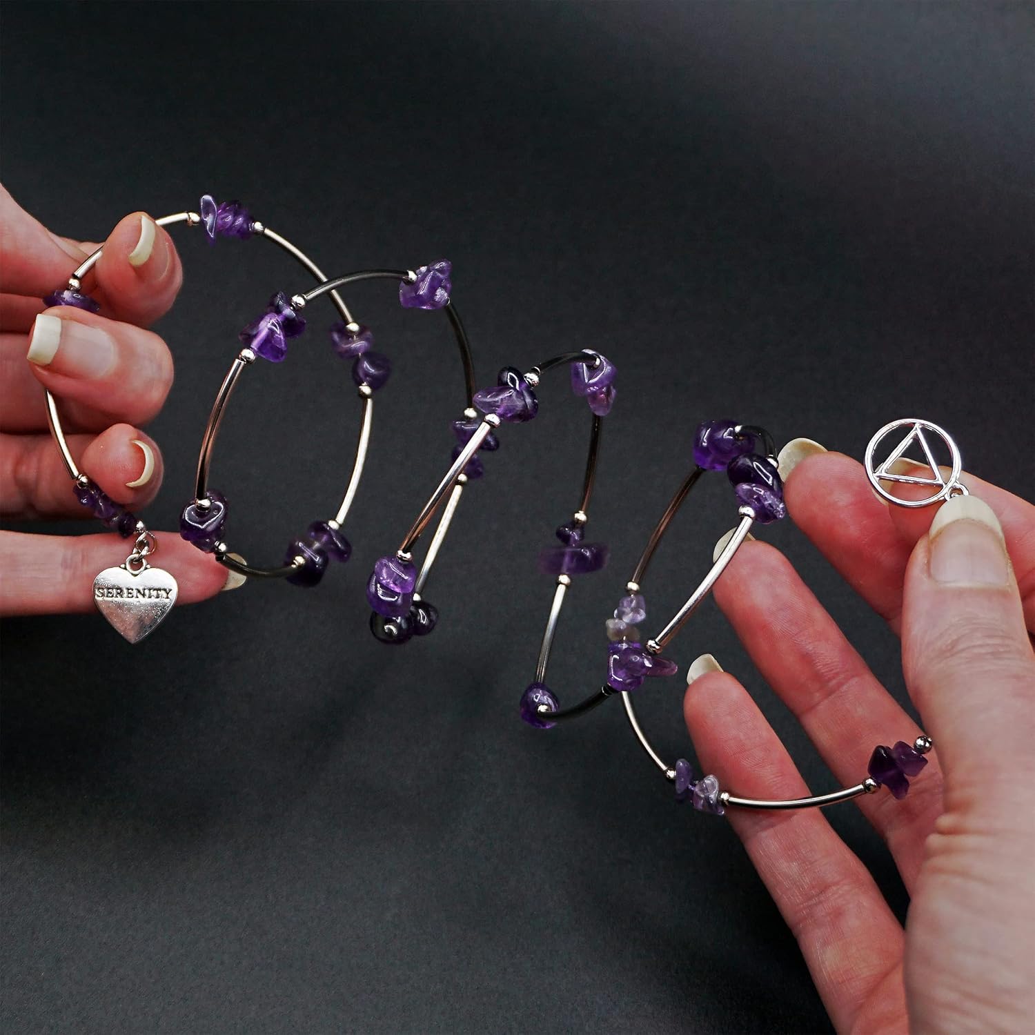 The Token Shop Amethyst AA Bracelet with Alcoholics Anonymous Circle Triangle Symbol and Serenity Heart Charm | Sobriety Gift for Women - Image 6