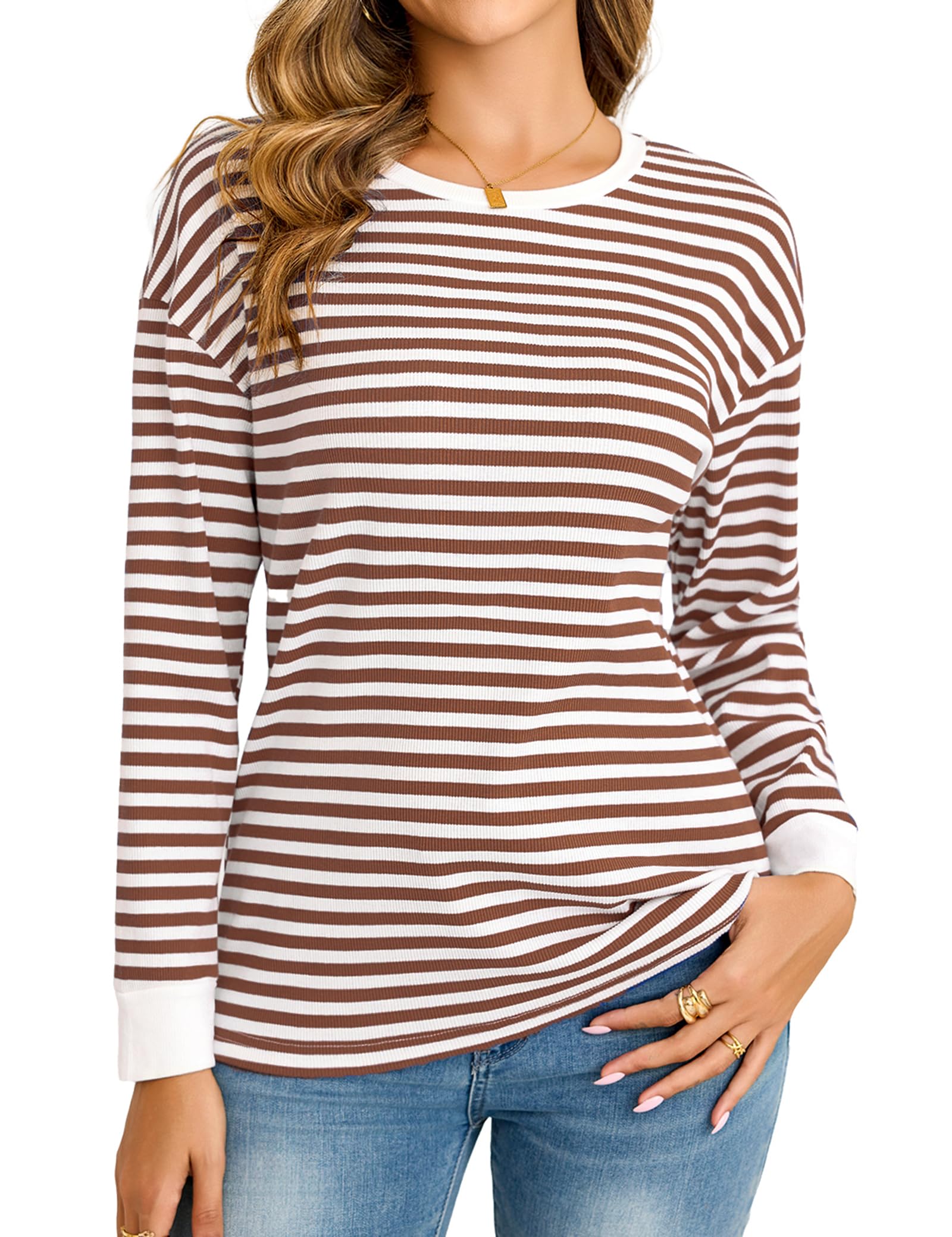 Totatuit Damen Langarmshirt Gestreifter Rundhals T-Shirt Longsleeve Shirt Basic Lässige Oberteile Sweatshirt für Herbst Pullover Langarm Tops