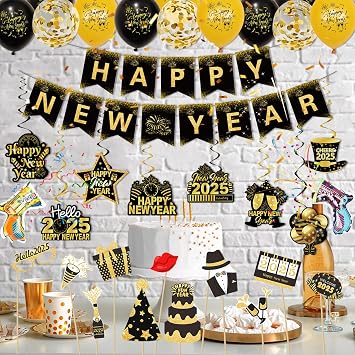 New Years Eve Party Supplies 2025, Black Gold Happy New Year Eve Decorations 2025 Include Balloons Hanging Swirls Tissues Tassels Garland Photo Booth Props Banner Happy New Years Decorations 2025 Kit