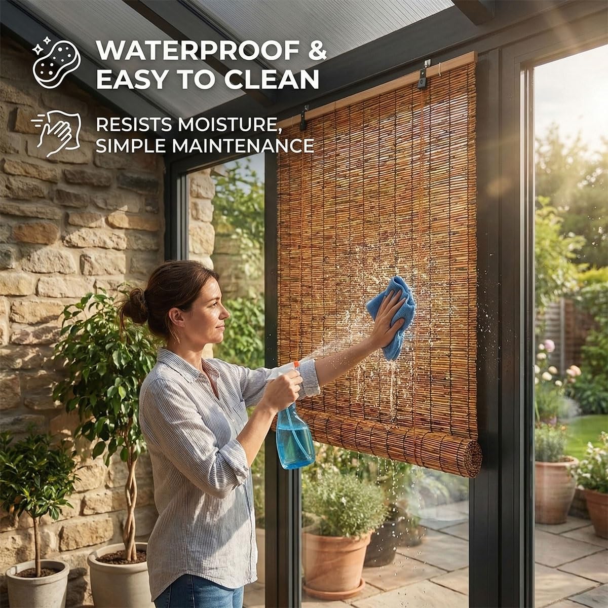 Bambusrollo Outdoor Wetterfest, Natur Bambus Rollo mit Lifter, Sichtschutz Balkon Bambus, Sonnenschutzrollo Außen für Garten, Schilf Vorhang Aussenbereich, Verdunkelung(Natural,100W x 120H cm)