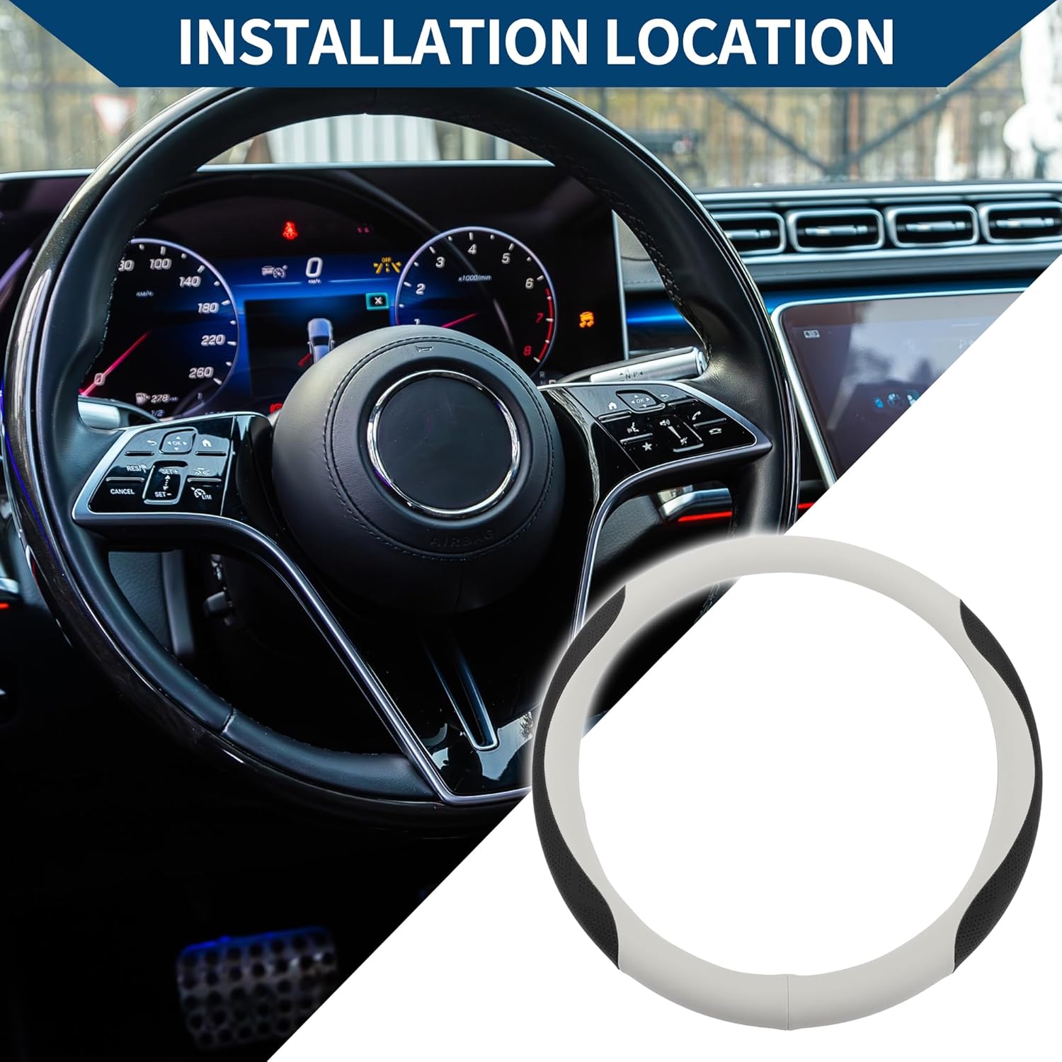 Steering Wheel Cover/Front Steering Wheel Accessories for Car Vehicle/Durable Round Shape Leather / 1 Pcs Beige Gray Black
