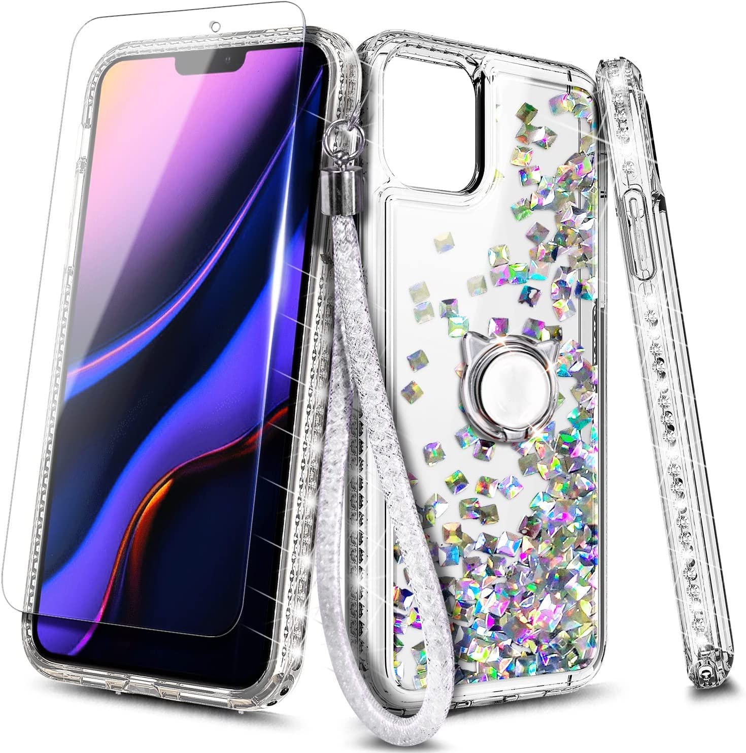 NGB Supremacy Case for iPhone 11 Pro Max (6.5 inch) with Tempered Glass Screen Protector, Ring Holder/Wrist Strap, Glitter Liquid Bling Sparkle Floating Girls Women Cute Case (Crystal Gem)