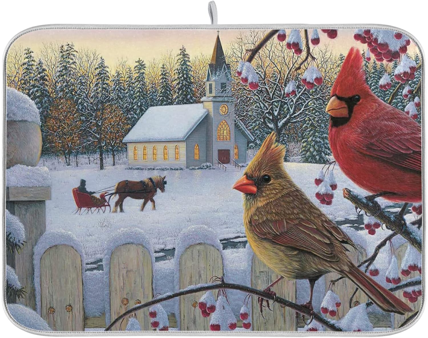 Winter Cardinal Dish Drying Mat 18x24 inch Drying Pad Dish Drainer Mat Protector for Kitchen Countertops Counter