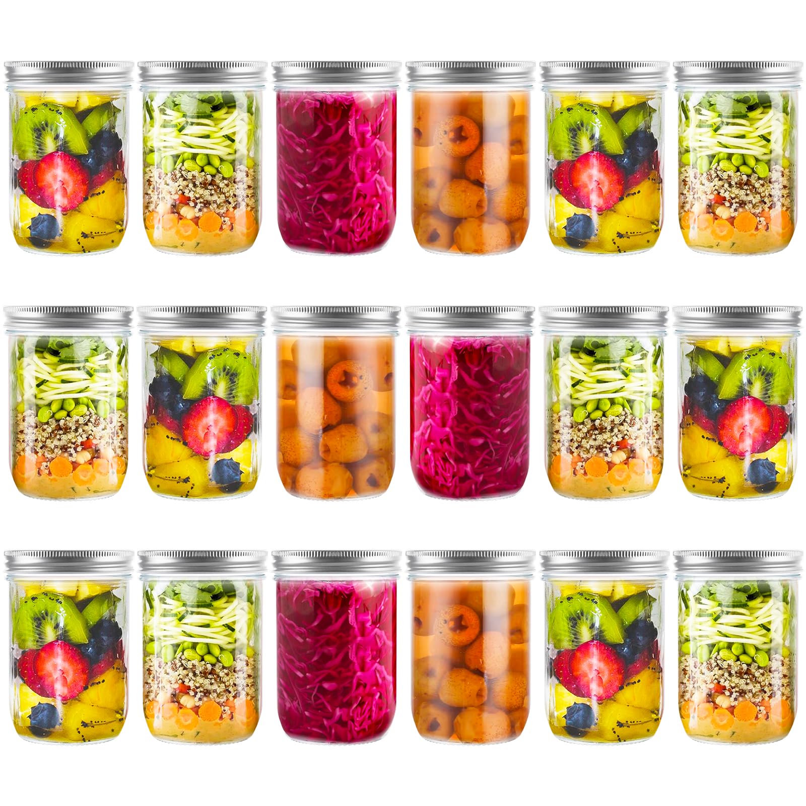 MUXHEL 18PCS Mason Jars with Lids 500ml/17 oz Leakproof Glass Jars with Silver Metal Lids Clear Wide Mouth Mason Jars Canning Jars for Overnight Oats Food Storage Cookies Nuts Candies & Beans