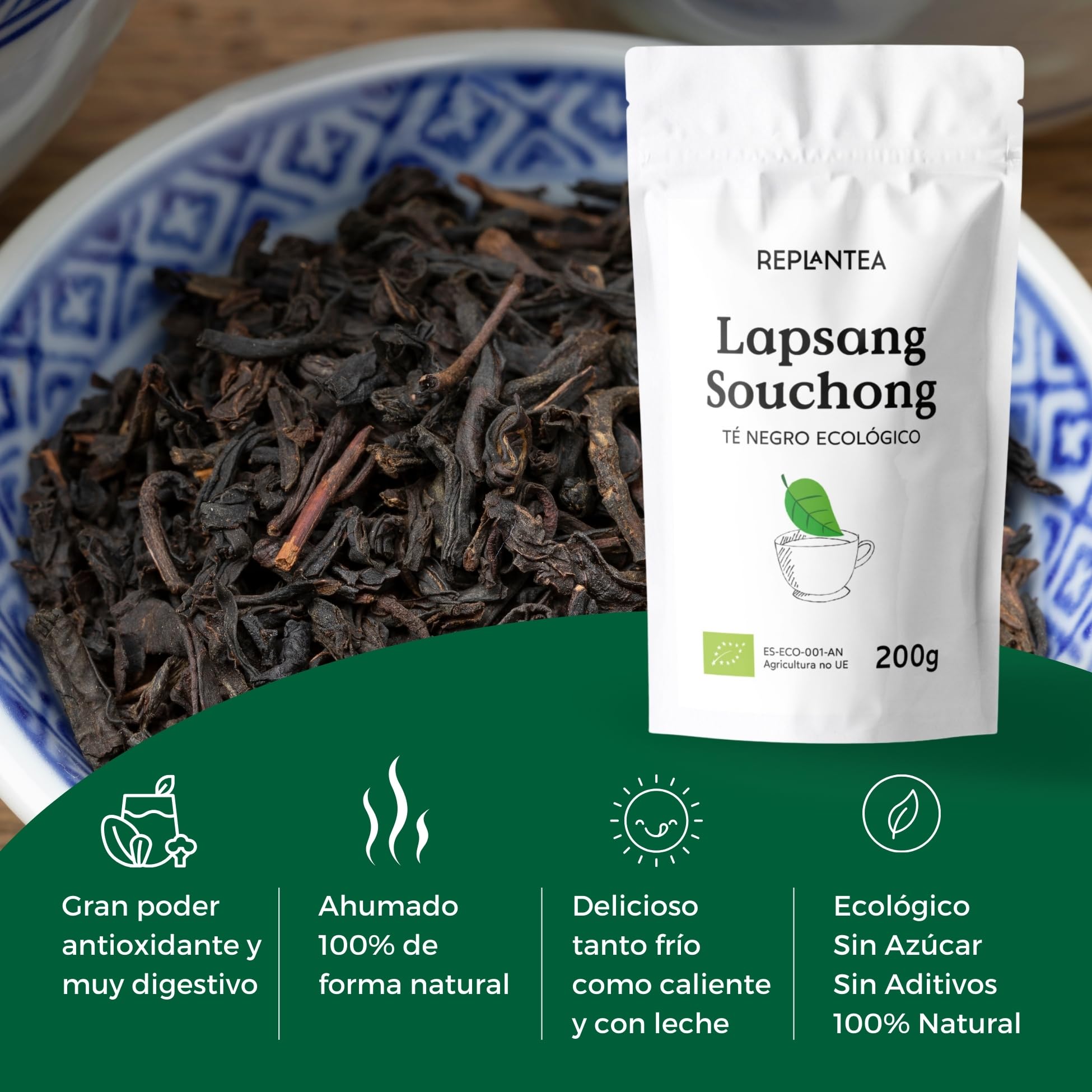 LAPSANG SOUCHONG Té Negro Ecológico 200g (+100 Tazas) | Té Negro Orgánico Ahumado Natural Sobre Brasas de Pino REPLANTEA