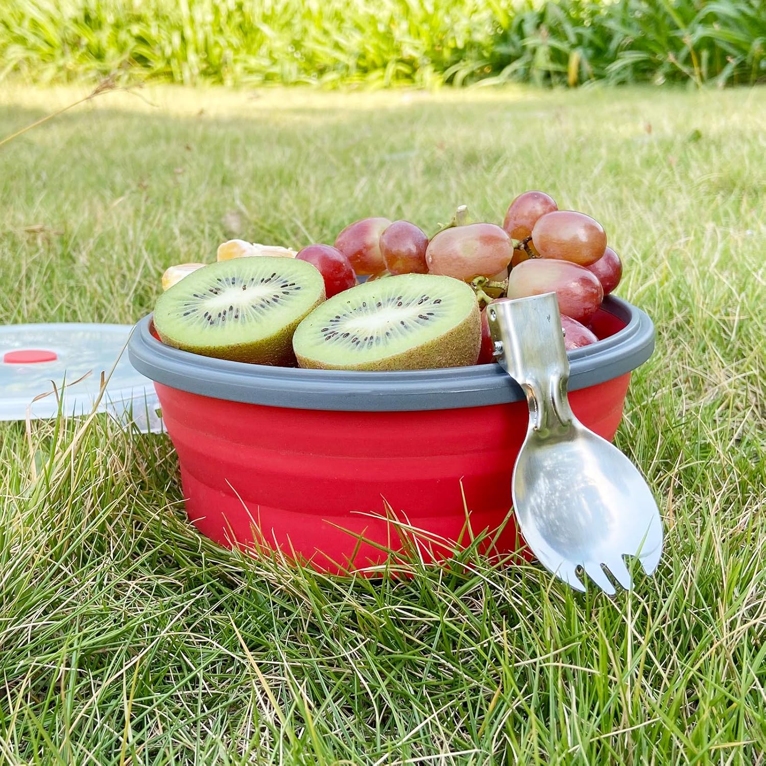 CCyanzi 1200ml Collapsible Camping Bowl Silicone Food Storage Container with Lid and Foldable Stainless Steel Fork Spoon, for Picnic, Travel, Camping, RV, Fridge and Microwave Bowls - Image 5