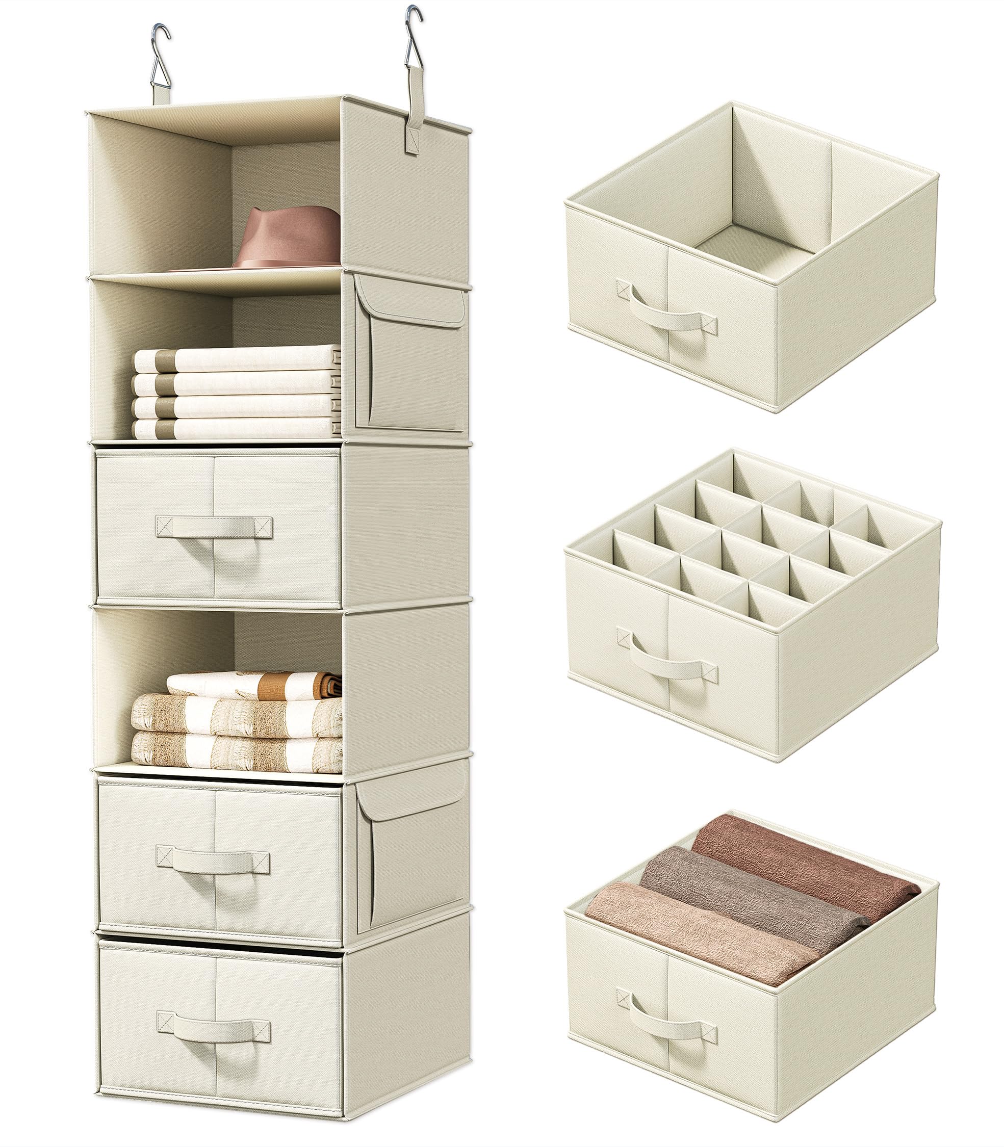 Photo 1 of Vailando 6-Shelf Hanging Closet Organizer with 3 Drawers, 6-Shelf Inseparable Closet Organizers and Storage for Wardrobe Organization, Hanging Dresser for Nursury & Dorm Clothes Organizer, Beige