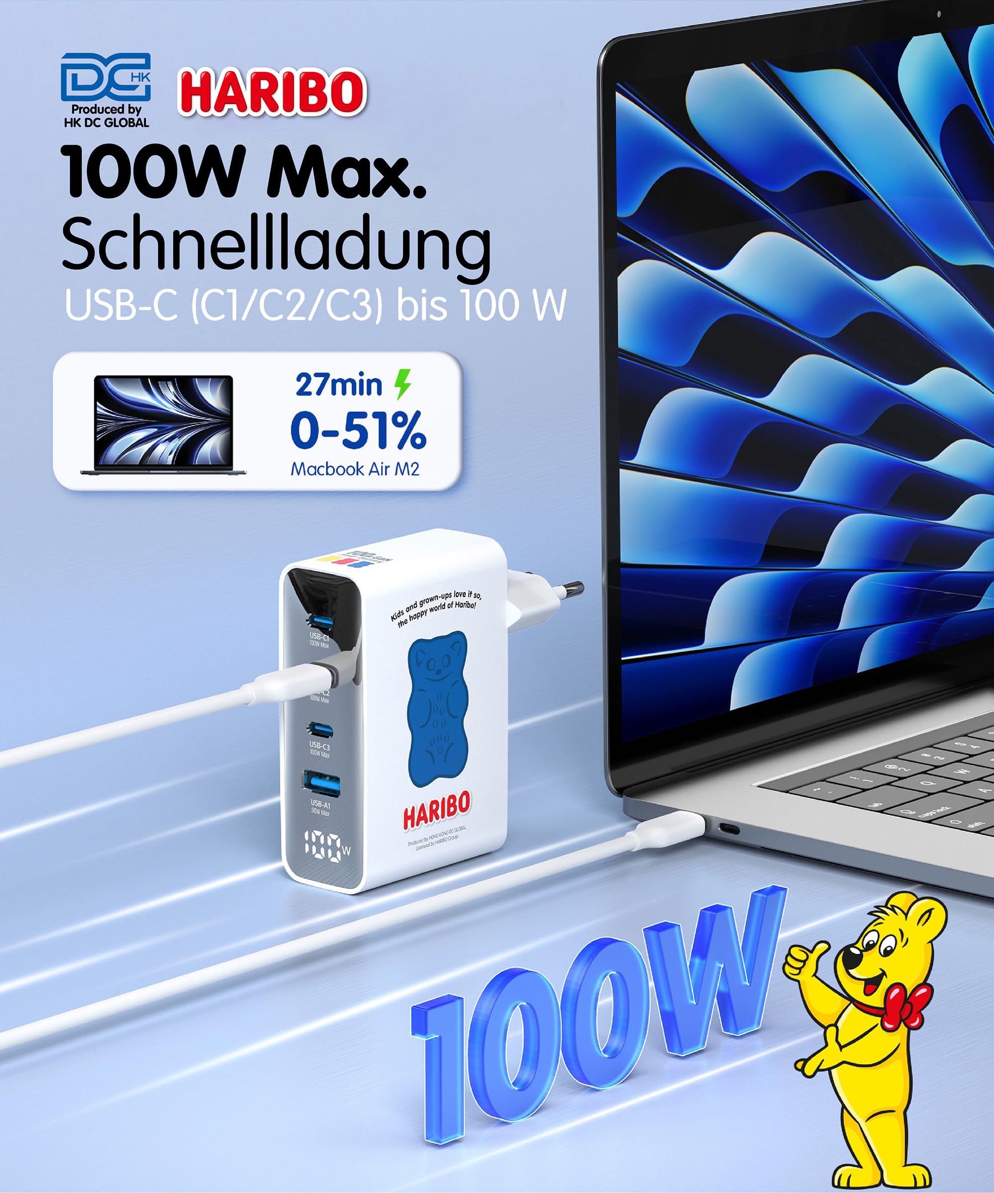 Haribo 100W USB C Ladegerät, 4-Port Schnellladegerät USB-C Netzteil mit LED Display, GaN Charger PD/PPS für MacBook Pro/Air, iPhone 16/15, Galaxy S25/S24, Laptop, iPad, Switch, Kompakt Geschenk, Blau