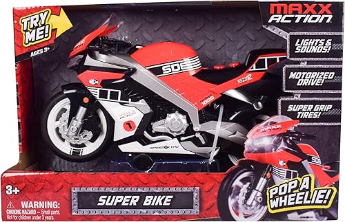 Miniatura 6 de Sunny Days Entertainment Maxx Action Super Bike con función Wheelie – Motocicleta de juguete motorizada roja para niños y niñas | Vehículo ligero y