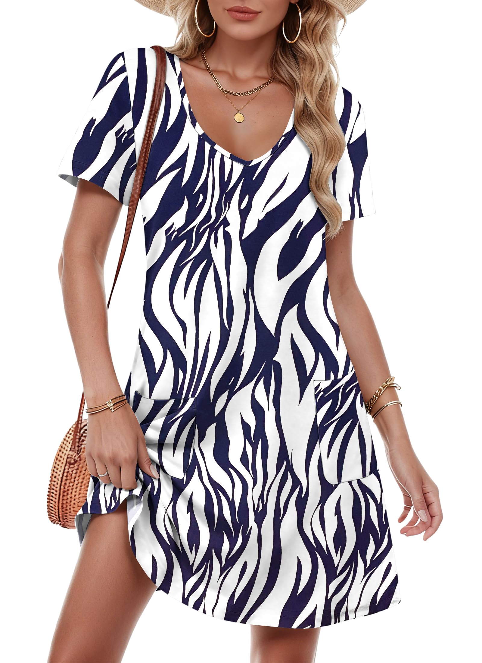 MOLERANI Ladies Summer Dresses Short Sleeve Beach Dresses V Neck Midi Dress with Pockets White Navy Leaf XL