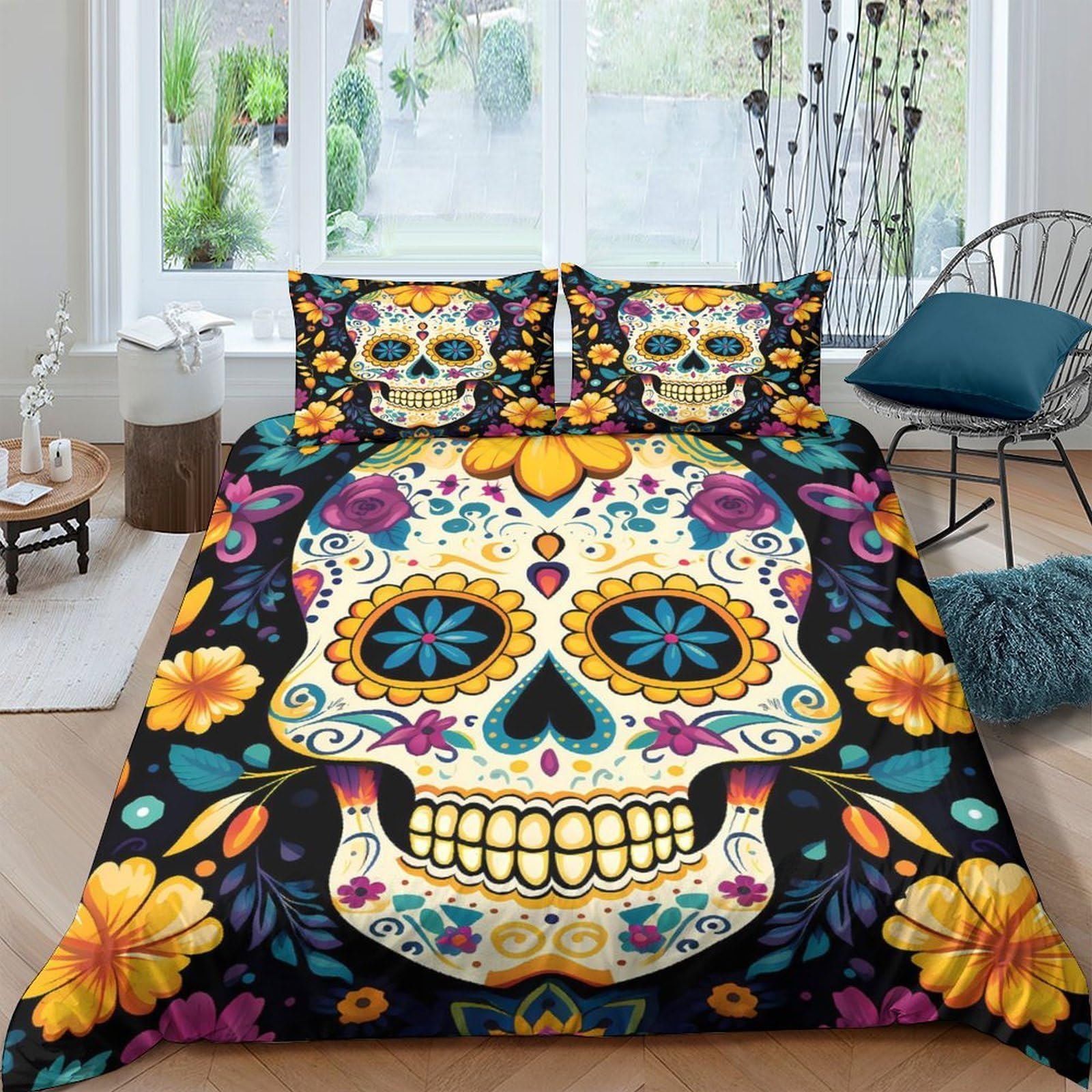 Ctjqhvkz Style-5 3D Printed Sugar Skull Fitted Sheet Microfiber Colorful Floral Skeleton Bed Cover For Bedroom Guest Room Mattress Protection Decor Single（135X200cm）