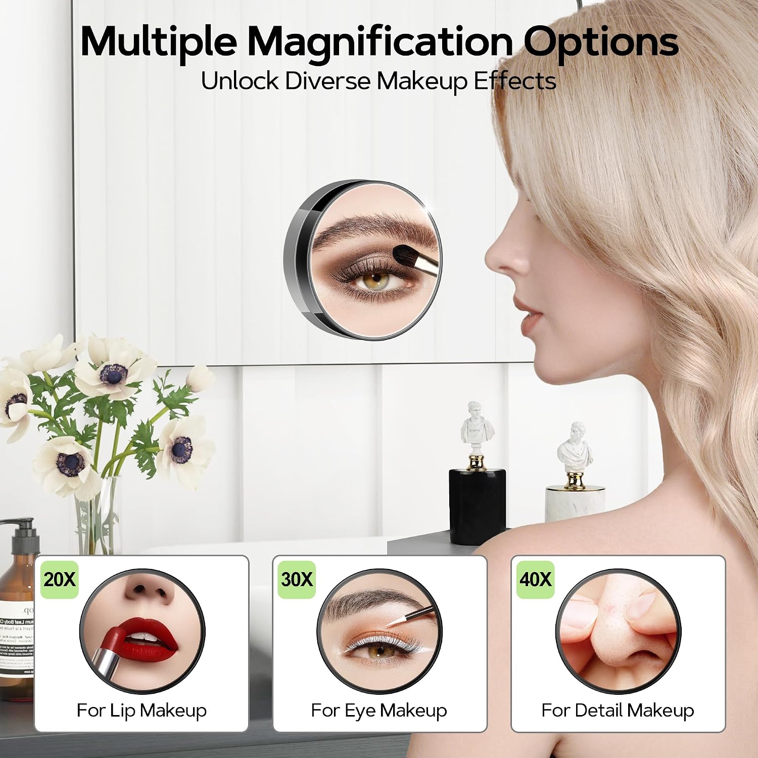 MIYADIVA Magnifying Mirror Set, 20x&30x&40x Suction Cup Makeup Mirror, 2 Tweezers & Storage Bag, 3.5 Inch Compact Mirror for Travel, Bathroom, Home, Gifts for Women