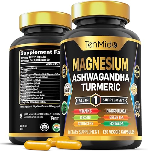 Suplemento de magnesio  Fórmula 10 en 1  Combina con Ashwagandha, cúrcuma, Panax Ginseng, Cordyceps, Ginkgo Biloba, té verde, equinácea, valeriana y