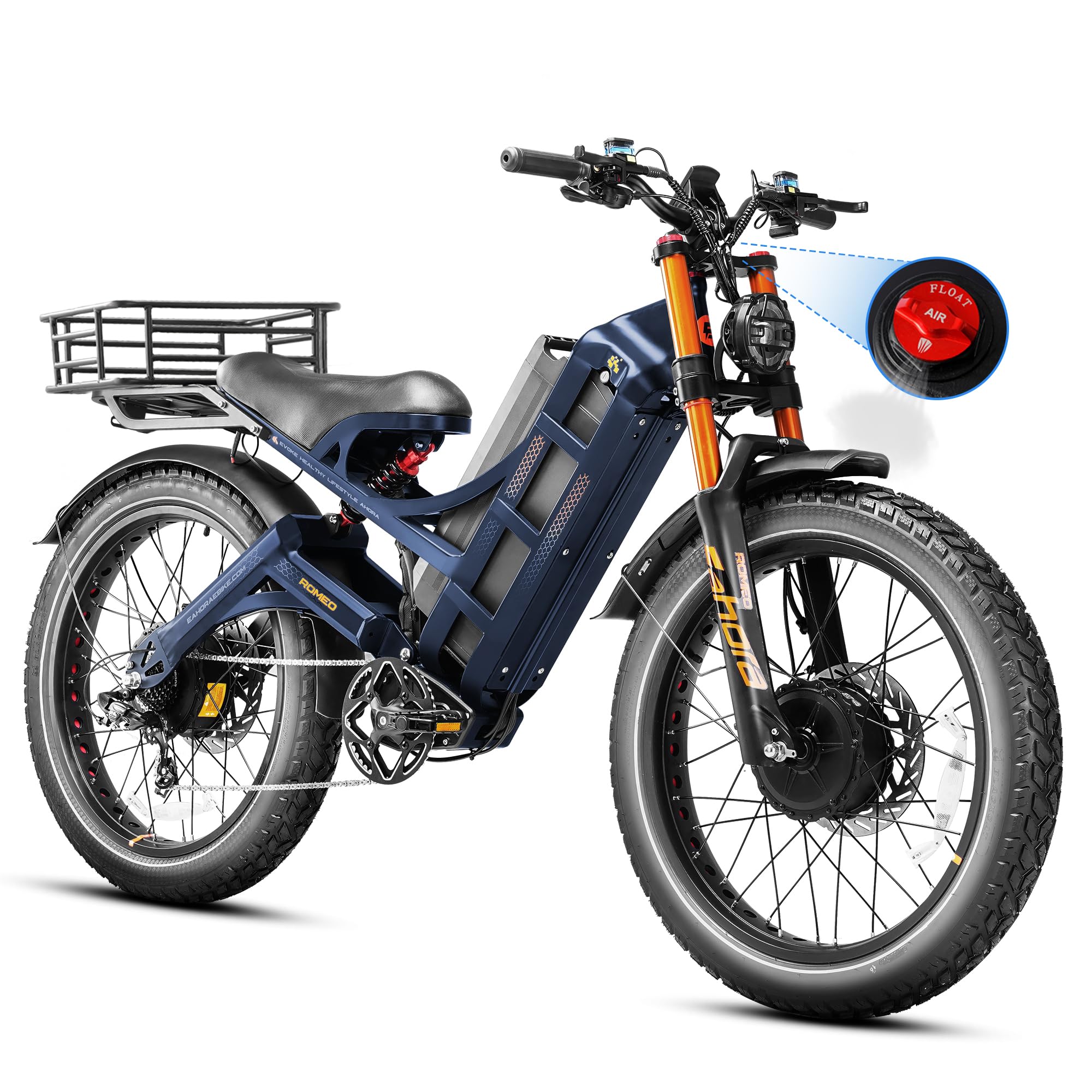 eAhora 2026 Romeo Pro 3/2 52-46Mph Electric Bike for Adults 6000W/4000W/2500W Dual Motor Ebike 60V/80Ah 52V/70Ah Long Range Fat Tire Full Suspension Electric Mountain Bicycle