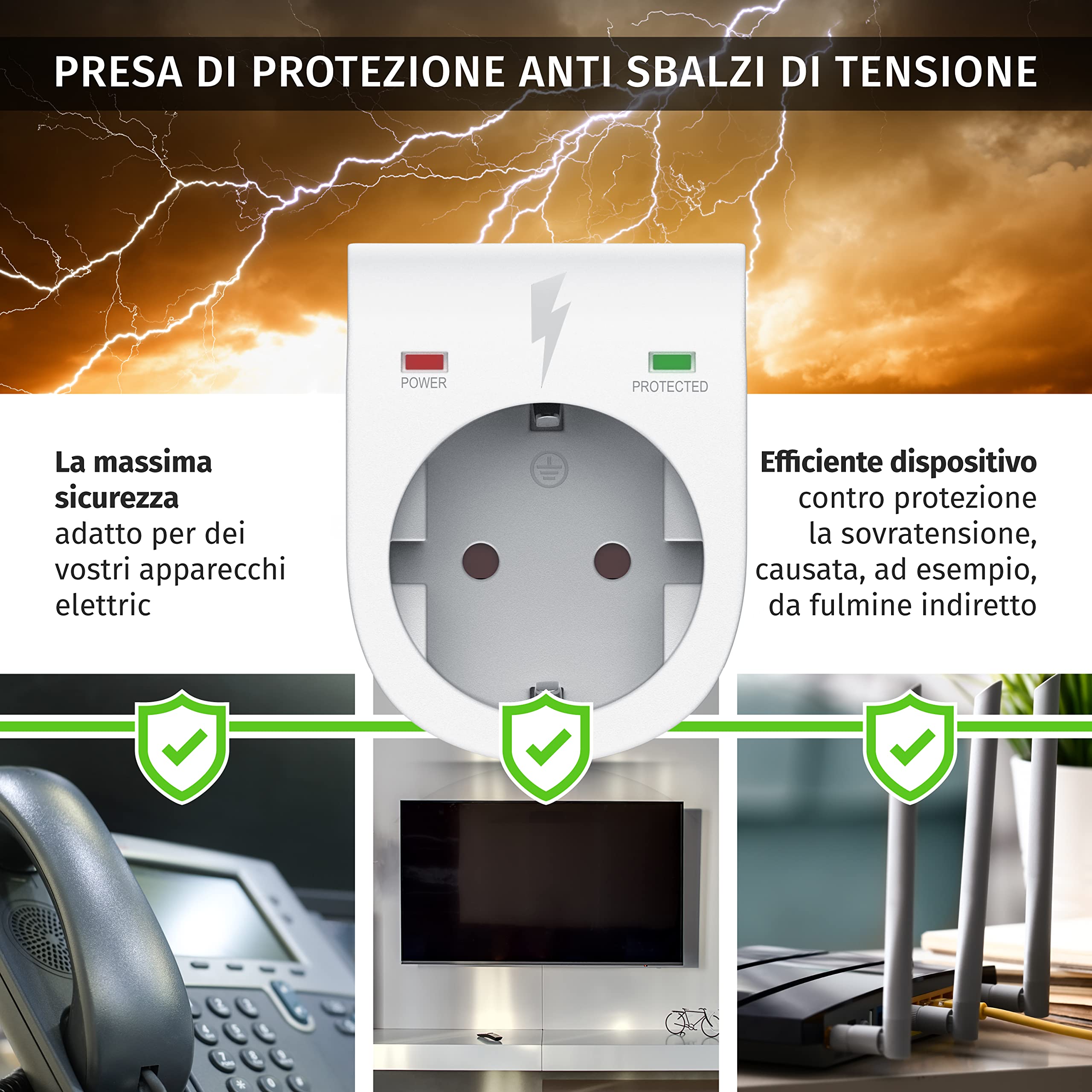 Arendo - Presa di protezione anti sbalzi di tensione - Antifulmine - fino a 3500 W - IP 20 - Sicura prese integrata - Colore bianco opaco
